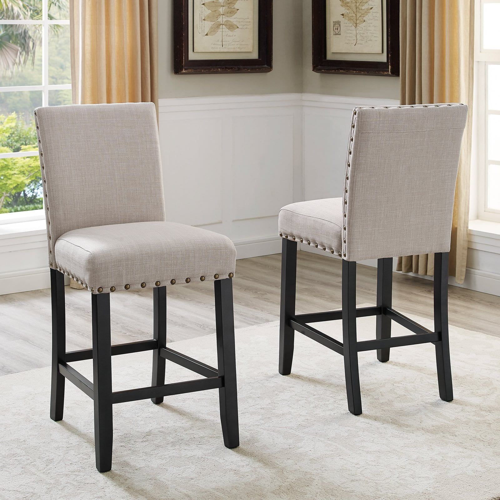 Espresso Blue Adjustable Counter Height Wood Stools with Nailhead Trim, Set of 2