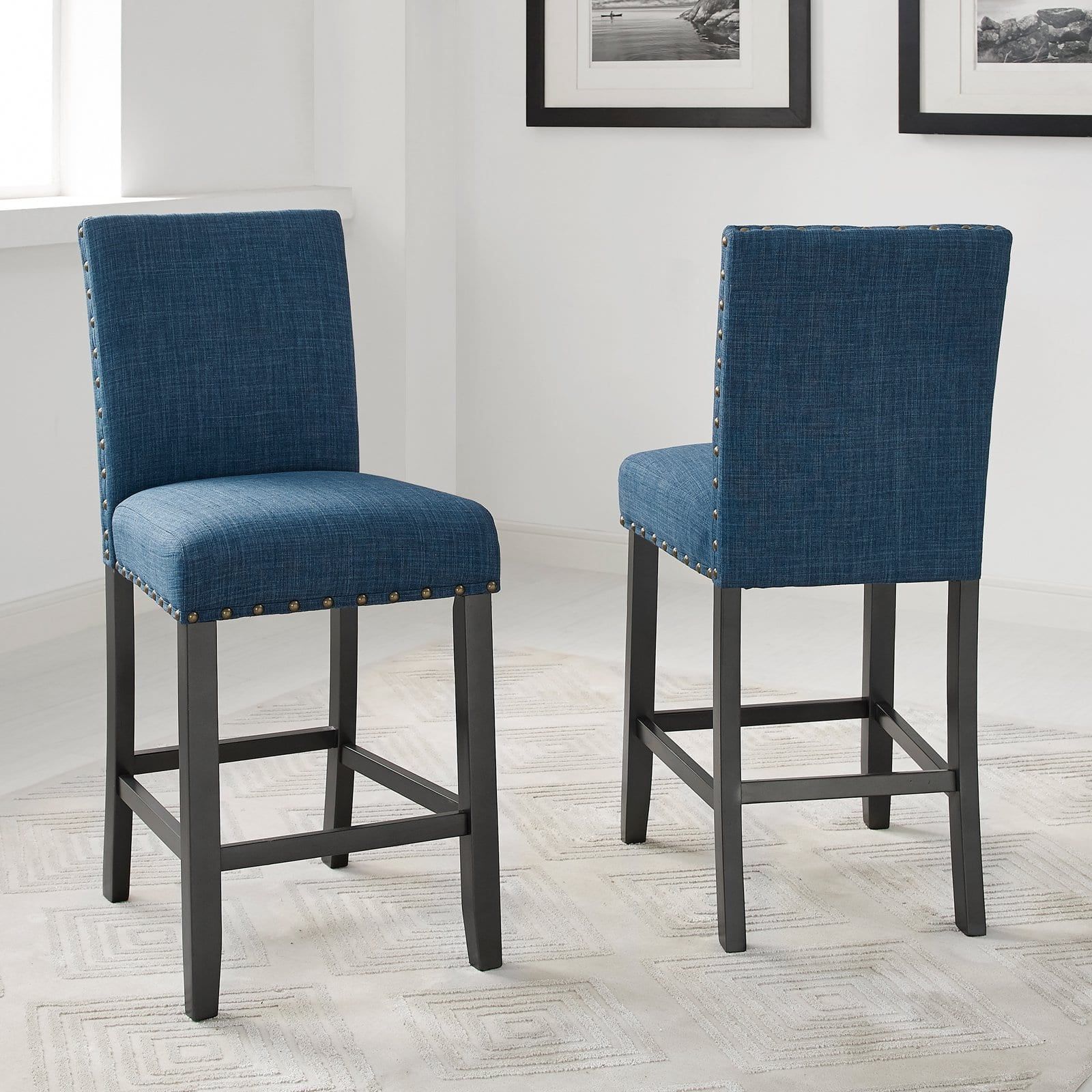 Blue Fabric Counter Height Stools with Espresso Wood Frame