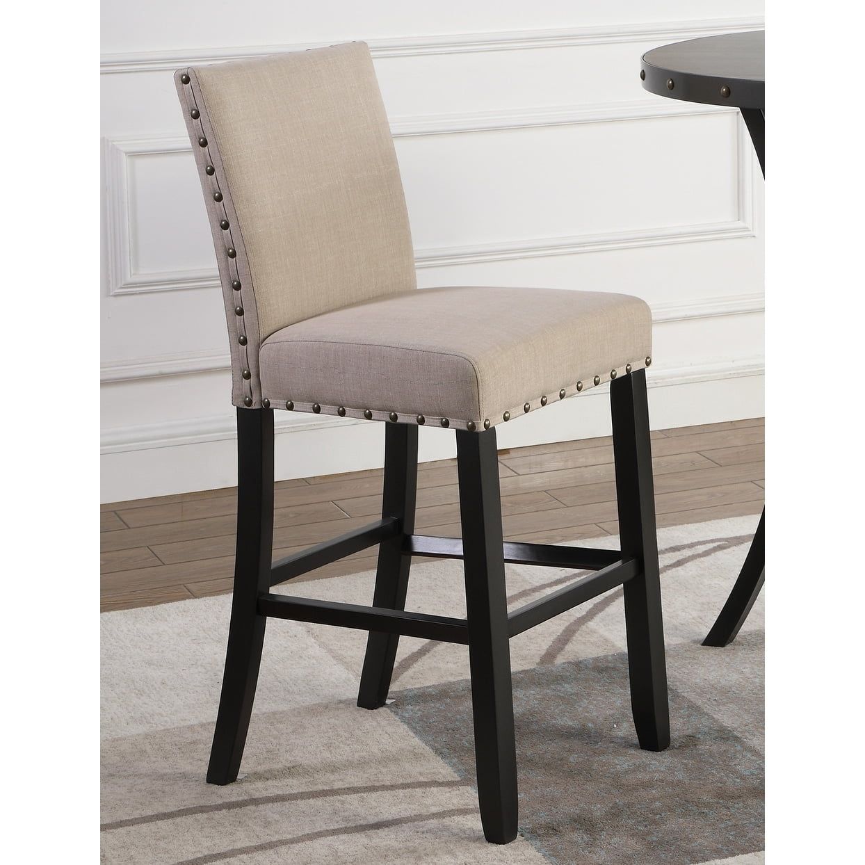 Biony Tan Fabric and Espresso Wood Bar Stool with Bronze Nailhead Trim, Set of 2