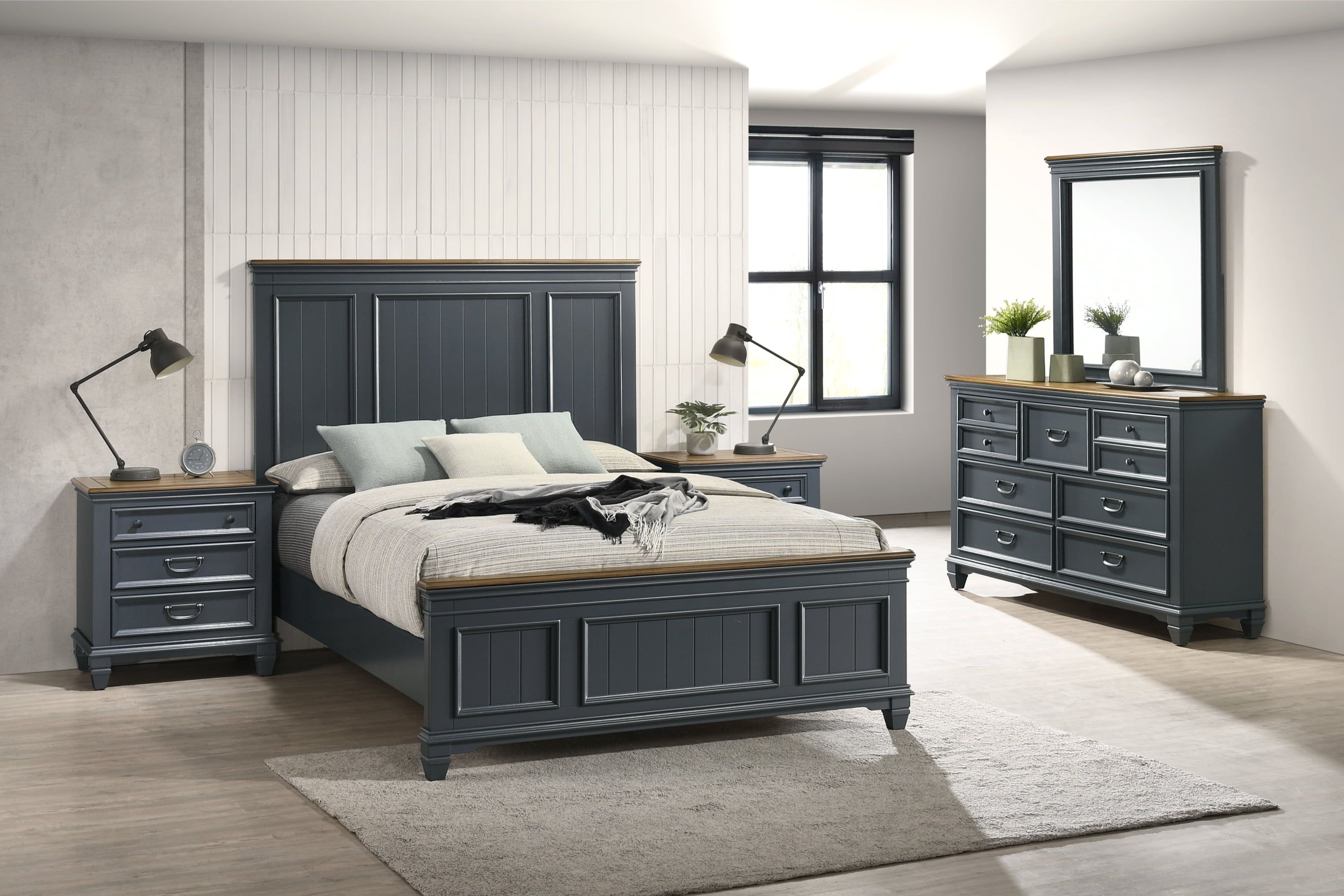 Slate Blue and Honey Oak Queen Bedroom Set with Shiplap Panel