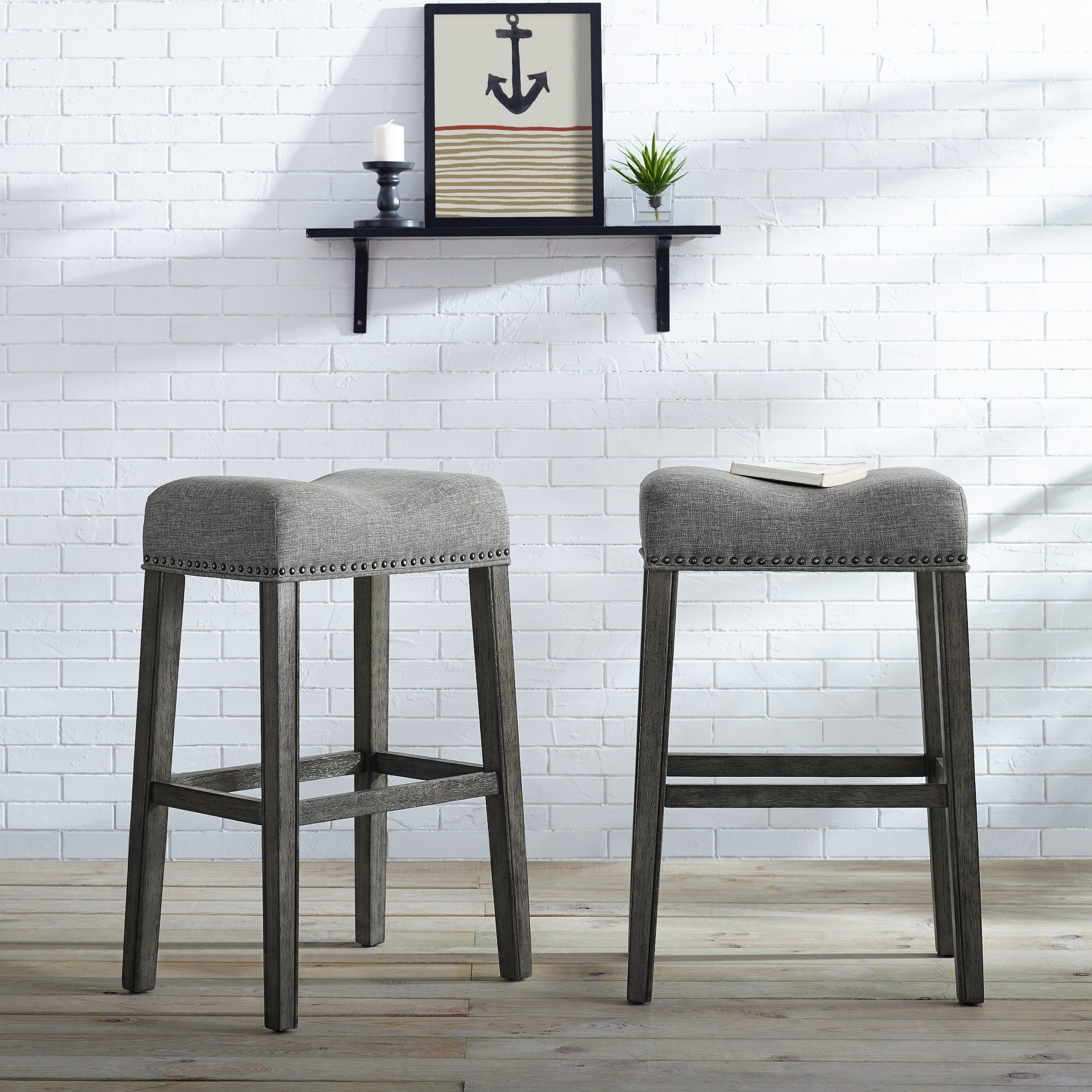 Weathered Charcoal Wood 29" Backless Saddle Bar Stools, Set of 2