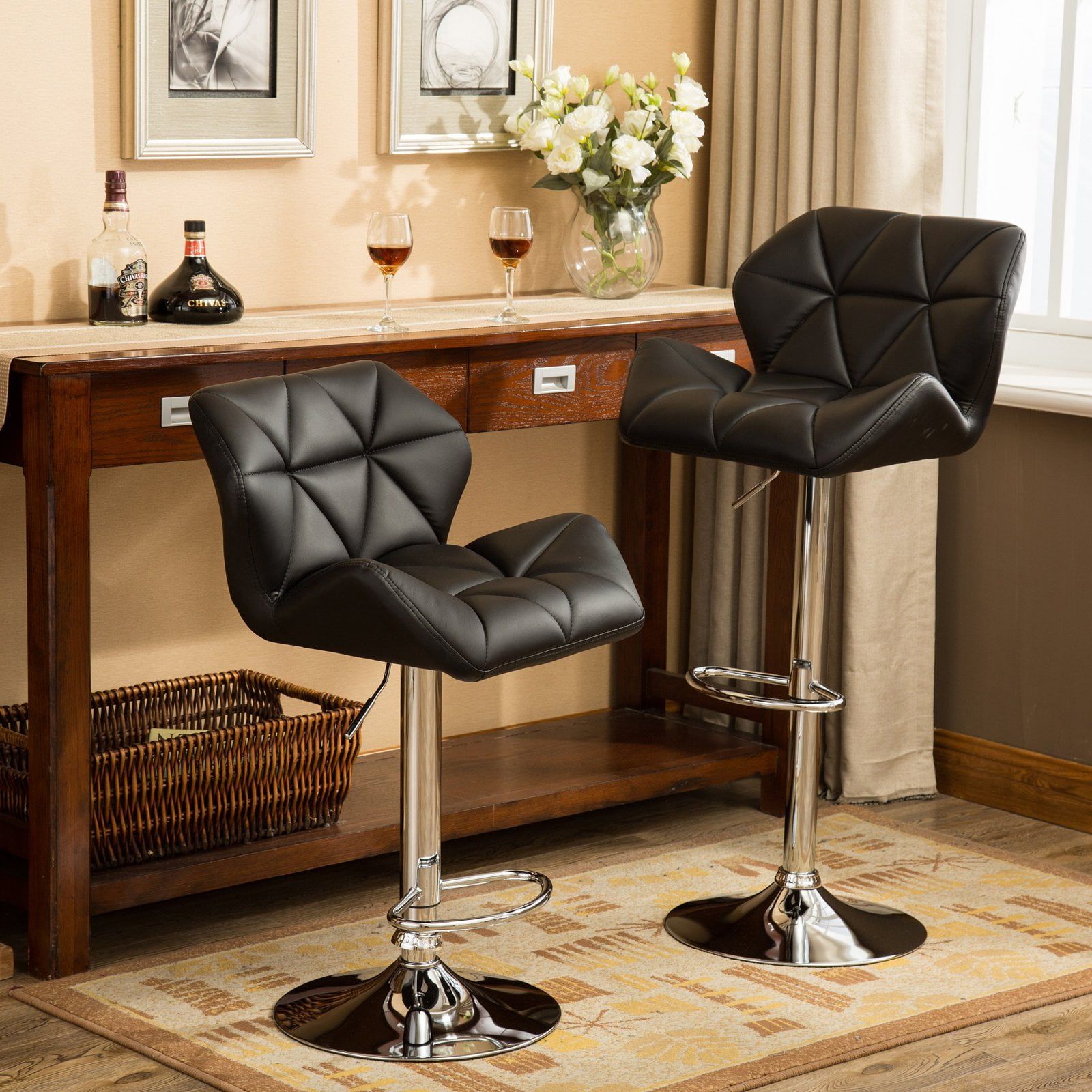 Glasgow Adjustable Black Leather Swivel Bar Stool with Chrome Base