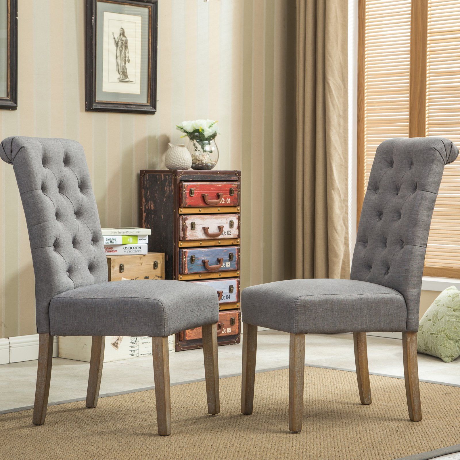 Elegant Gray Linen High-Back Parsons Side Chair Set with Oak Finish