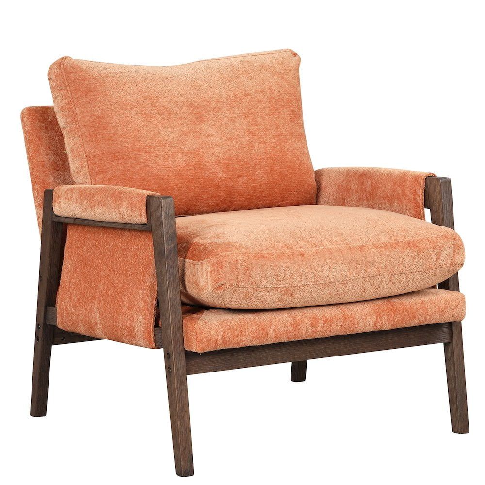 Kelly Mid-Century Modern Orange Velvet Armchair with Wood Frame