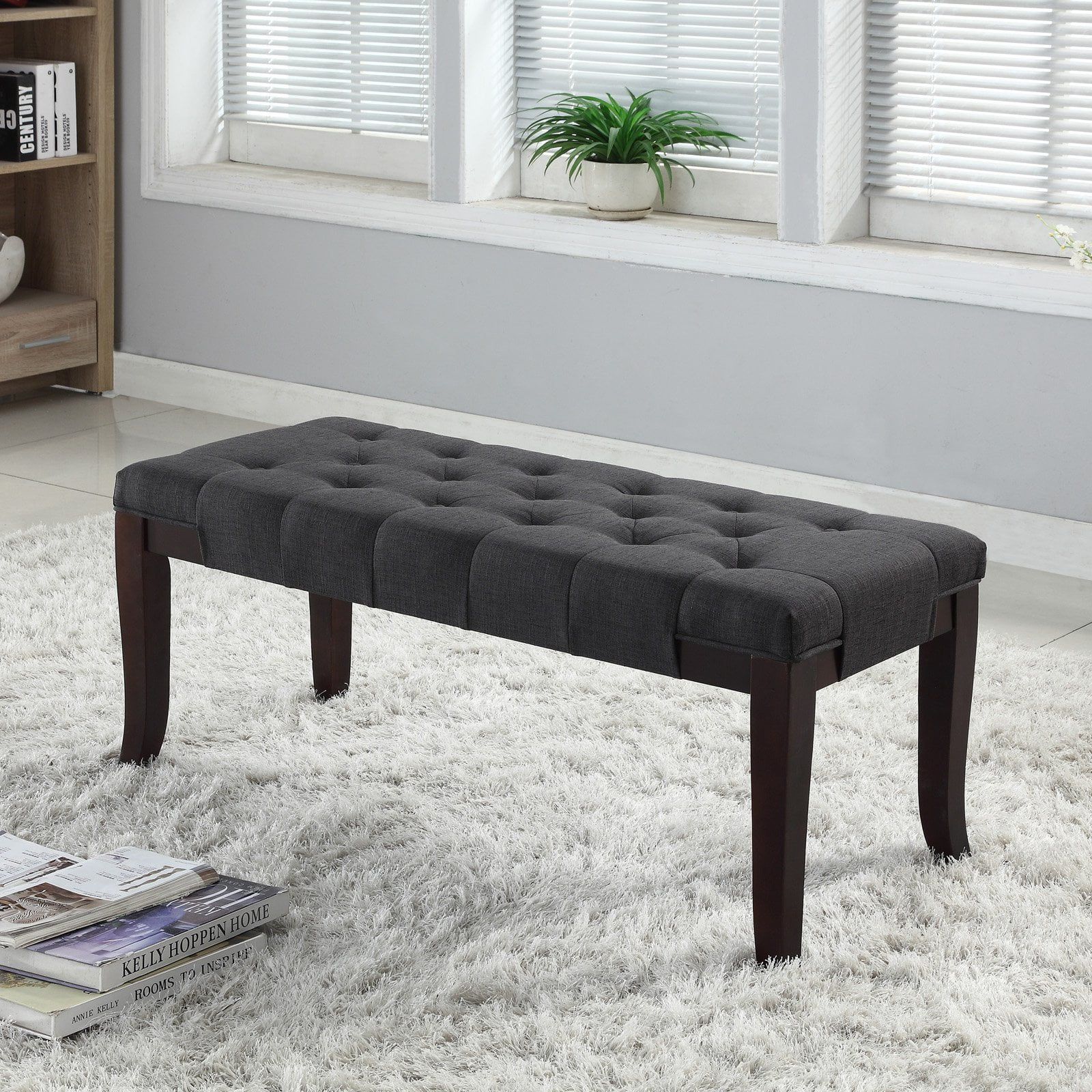 Espresso-Legged Charcoal Tufted Bench with Hardwood Frame