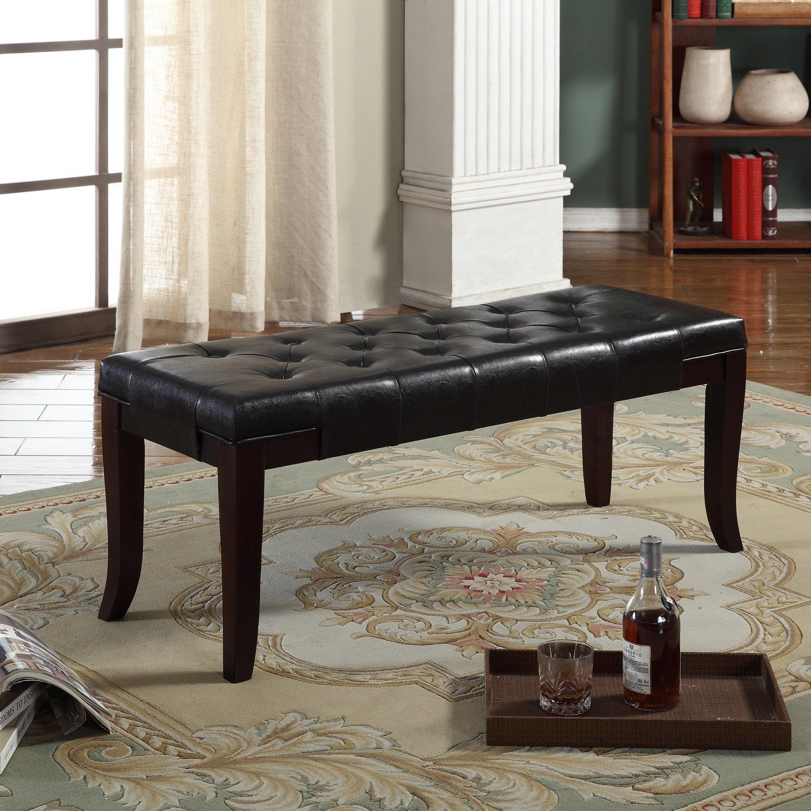 Espresso Wood Modern Tufted Bench with Padded Seat