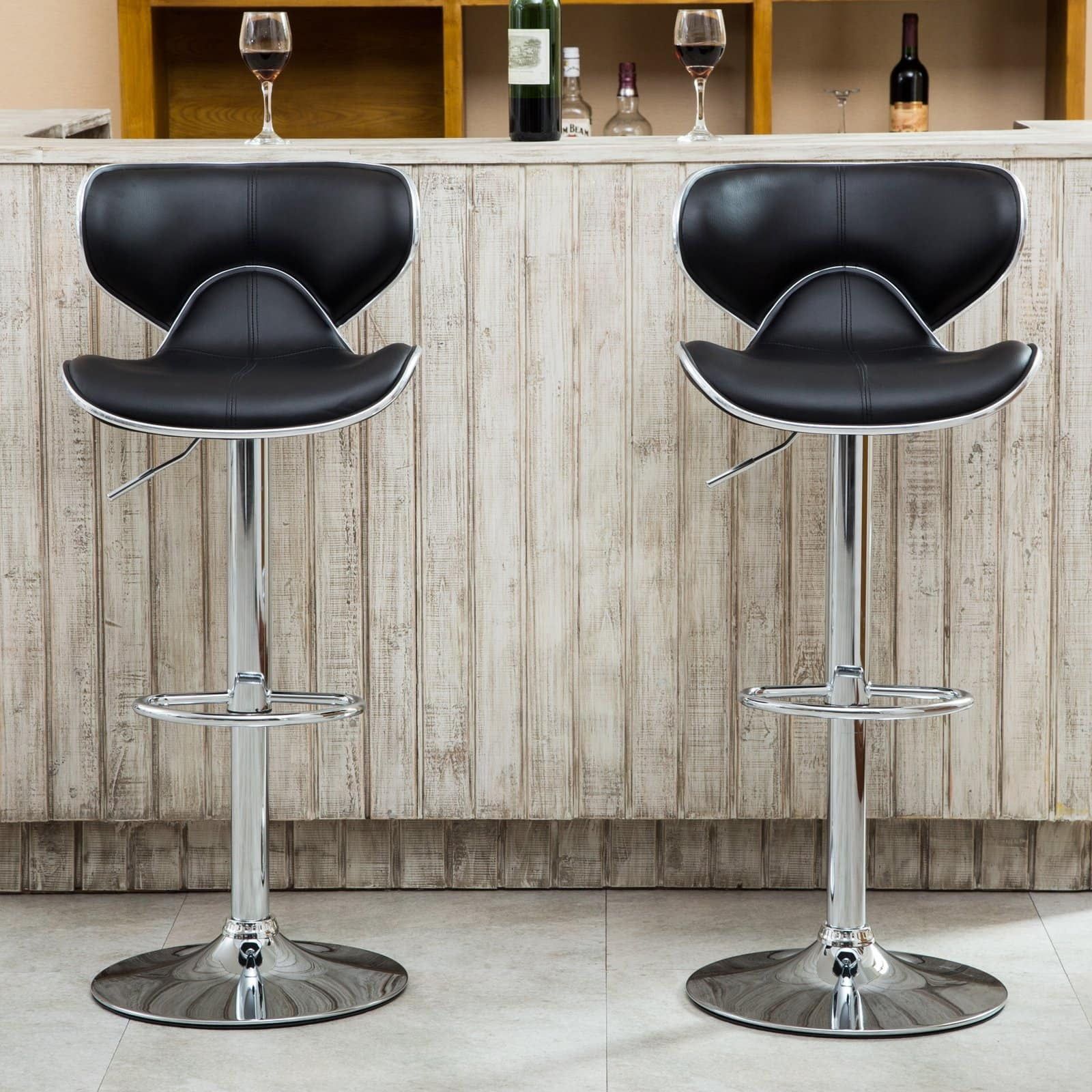 Black Adjustable Swivel Saddle Leather Bar Stools, Set of 2