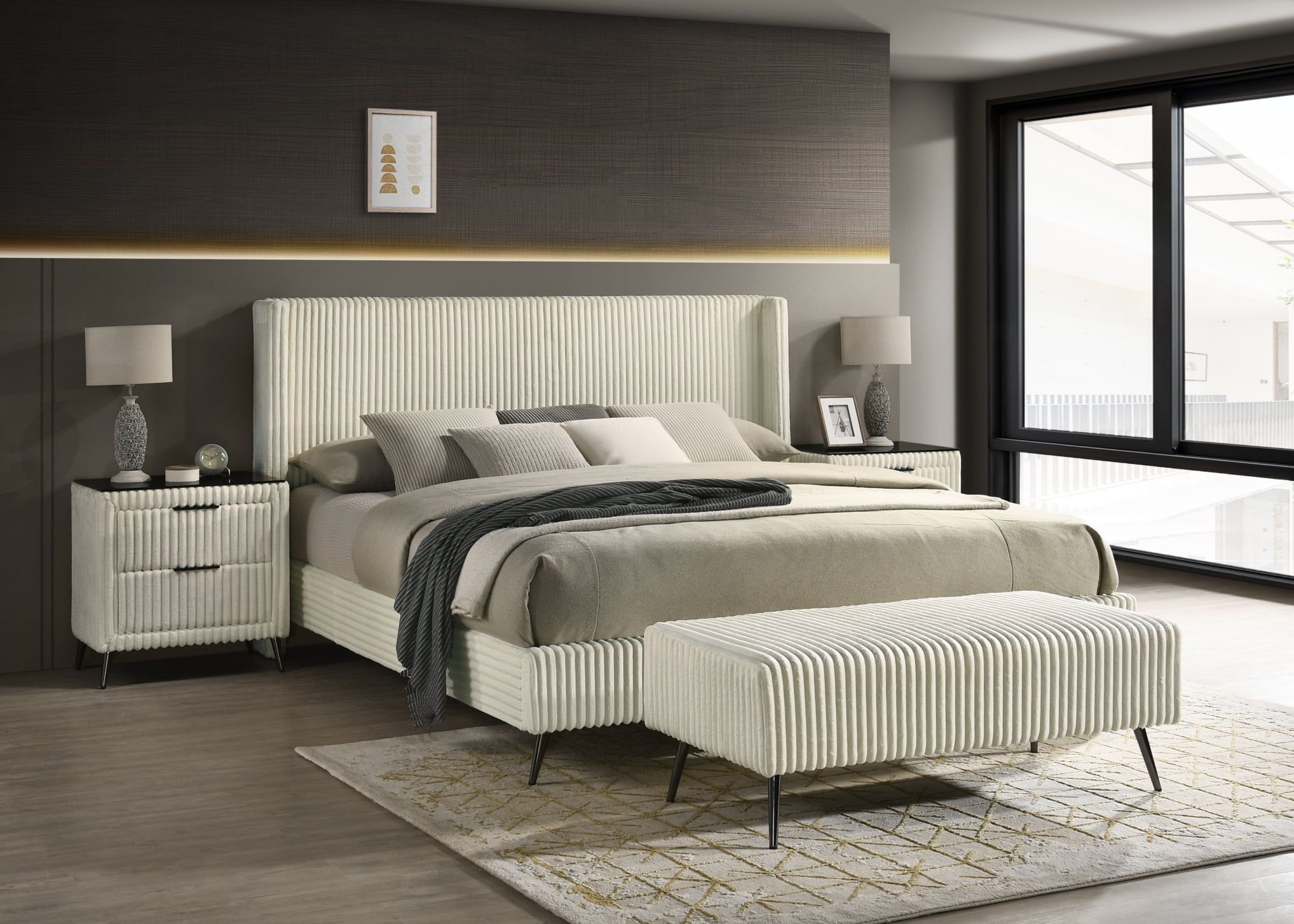 Mavela Cream Wide Wale Corduroy King Panel Bed Set