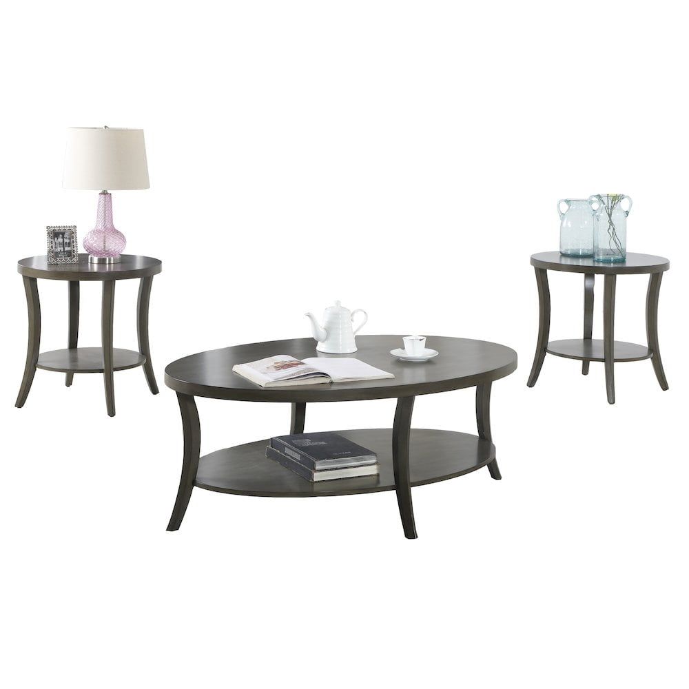 Gray Oval Coffee Table and End Table Set with Shelves