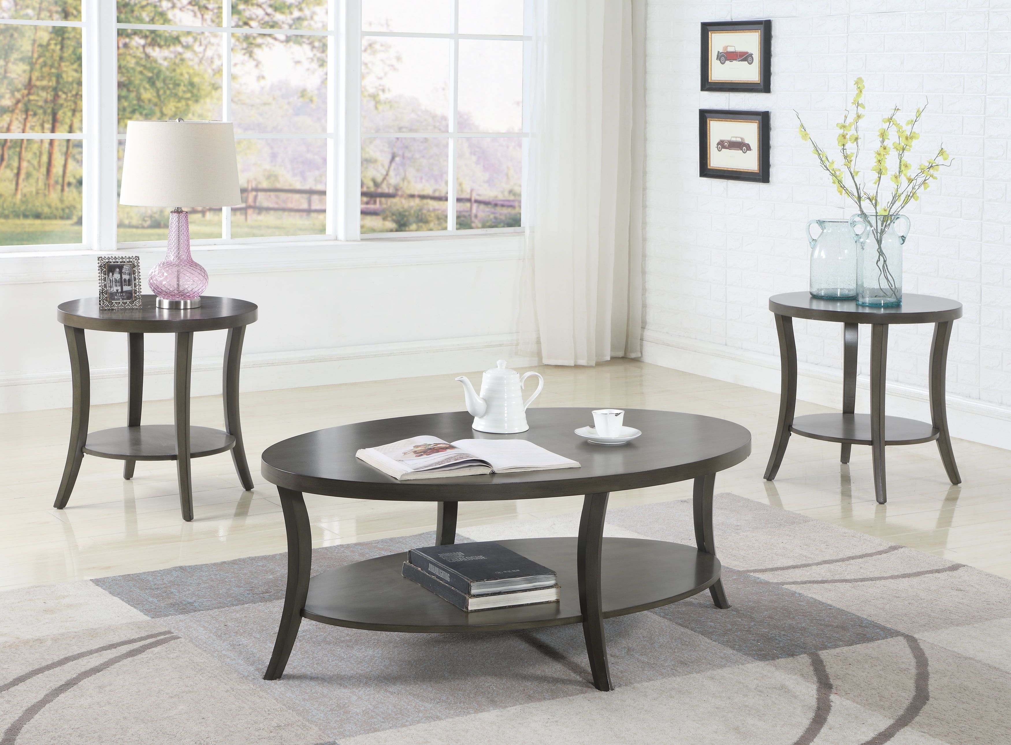 Gray Oval Coffee Table and End Table Set with Shelves