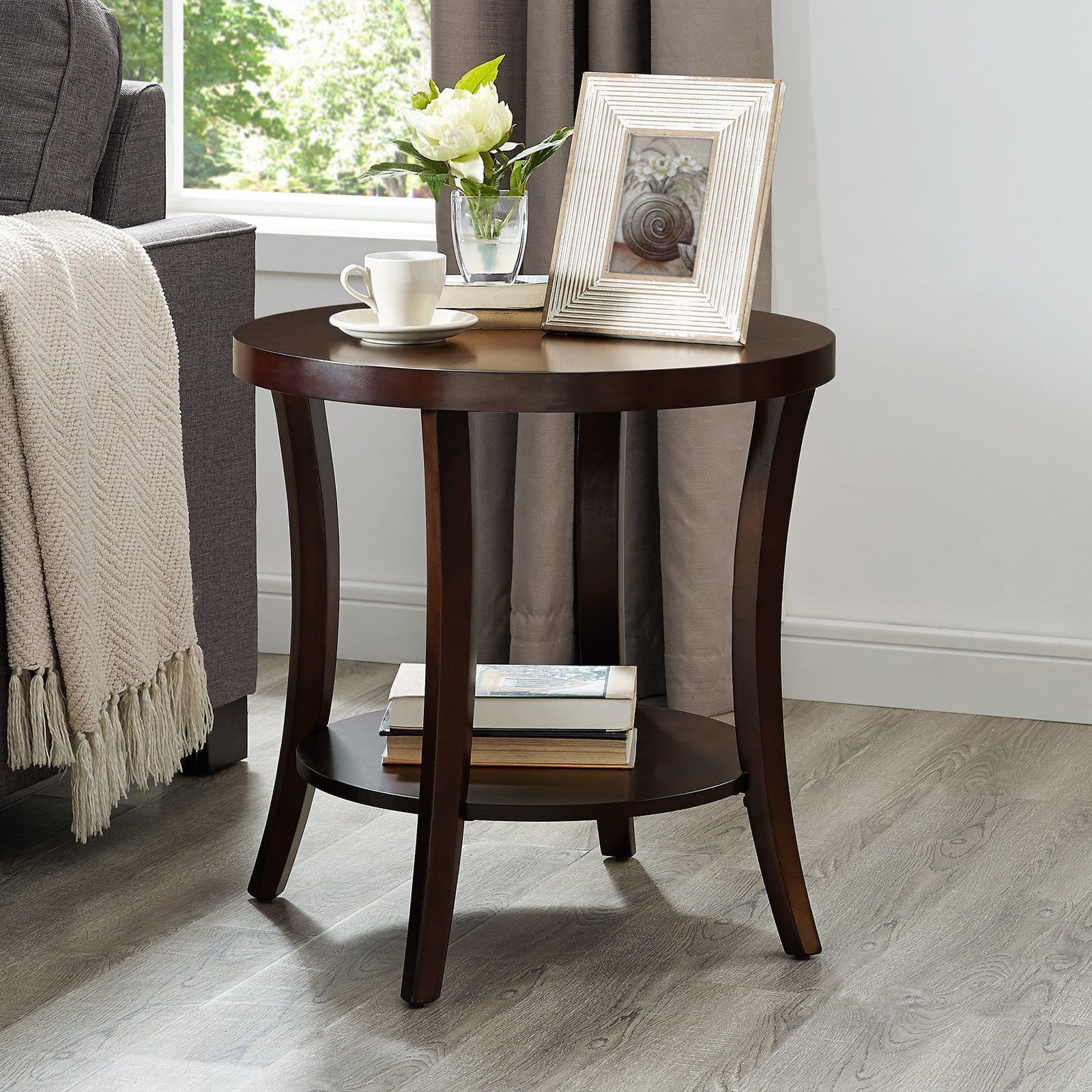 Contemporary Birch Wood Round End Table with Storage Shelf