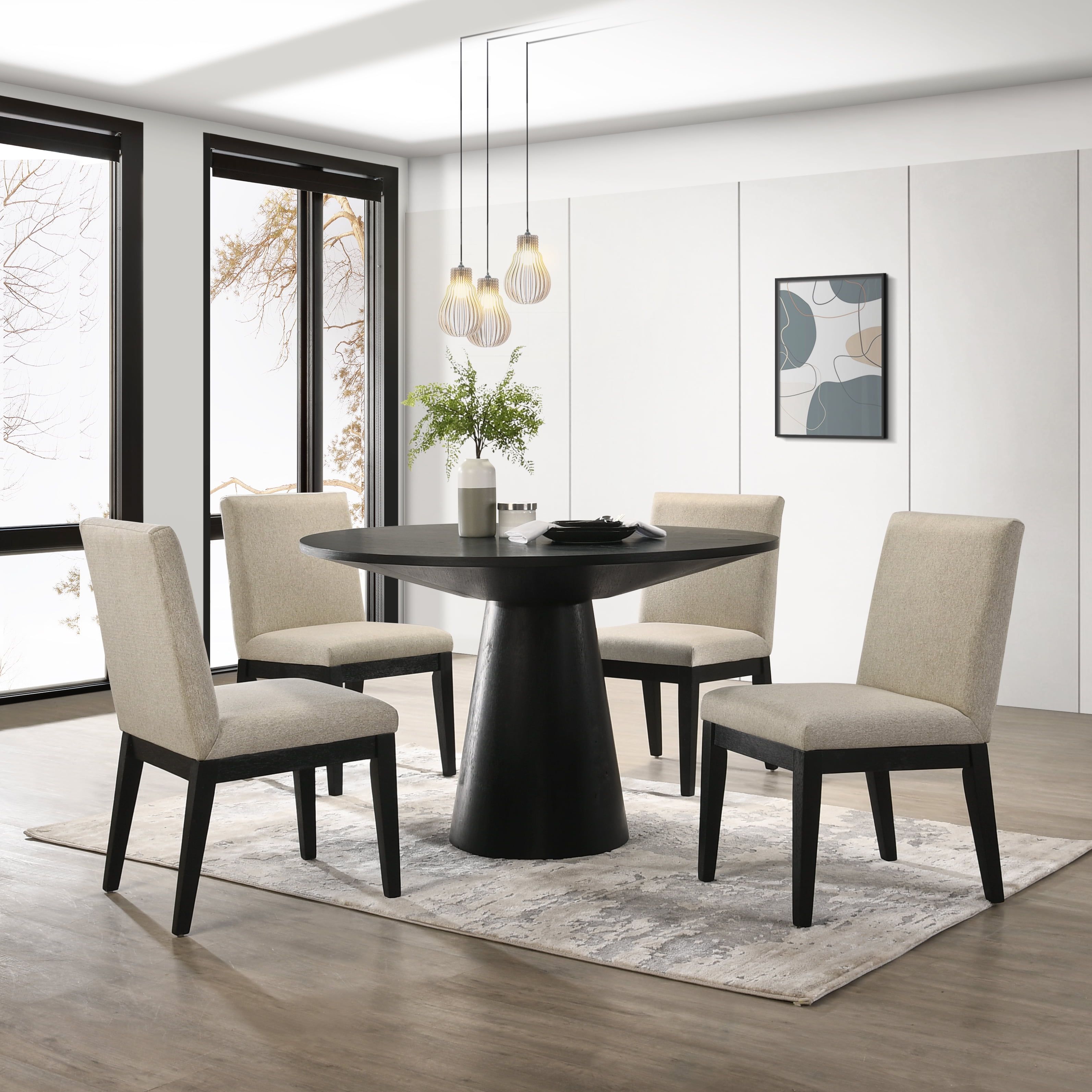 Ebony Round Pedestal Dining Set with Beige Upholstered Chairs