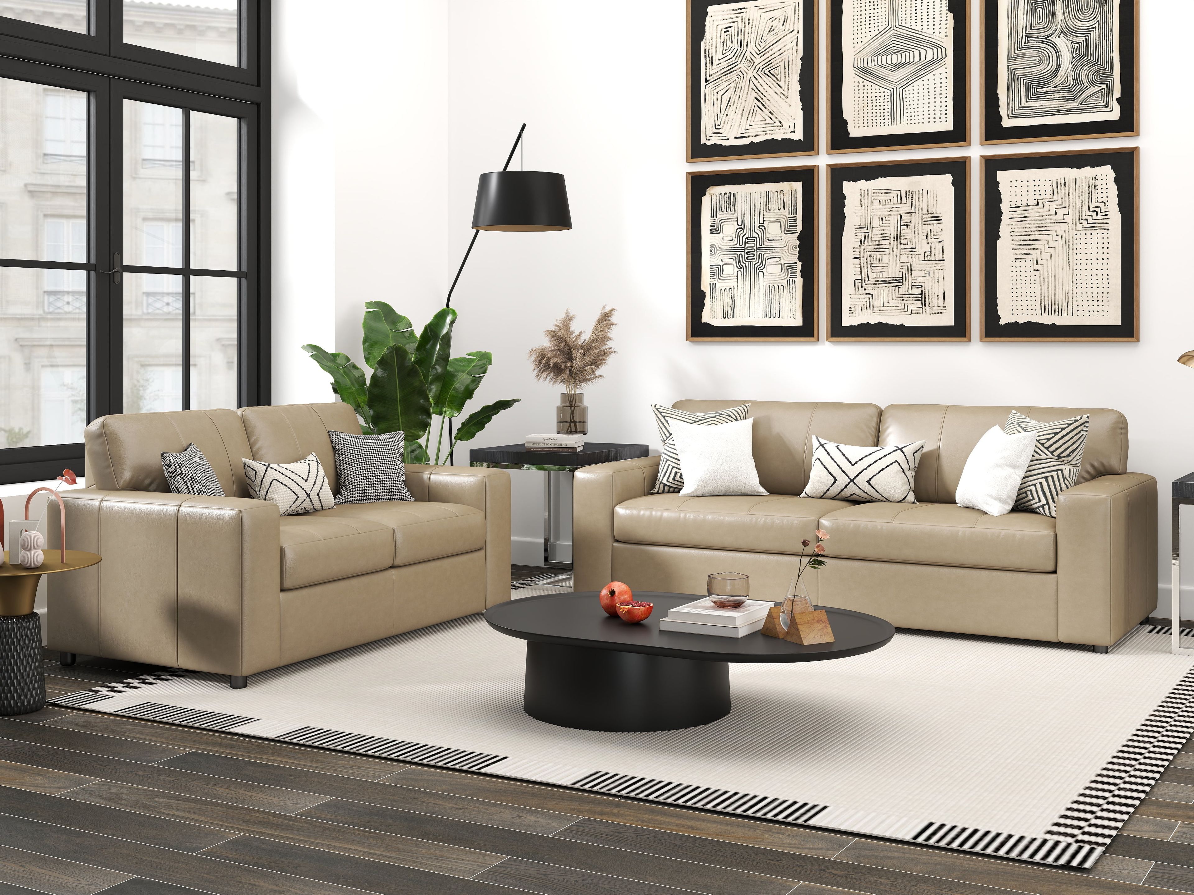 Beige Leather Upholstered Sofa and Loveseat Set with Faux Wood Feet