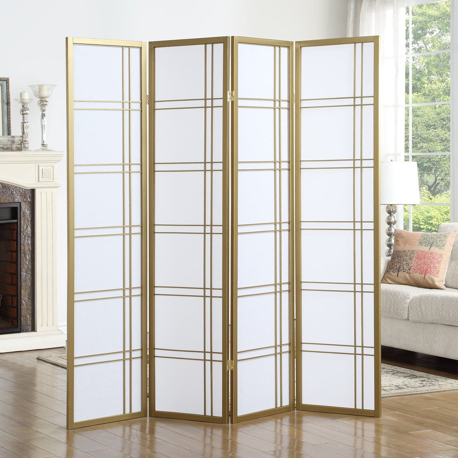 Gold Shoji 4-Panel Folding Room Divider with Wood Frame