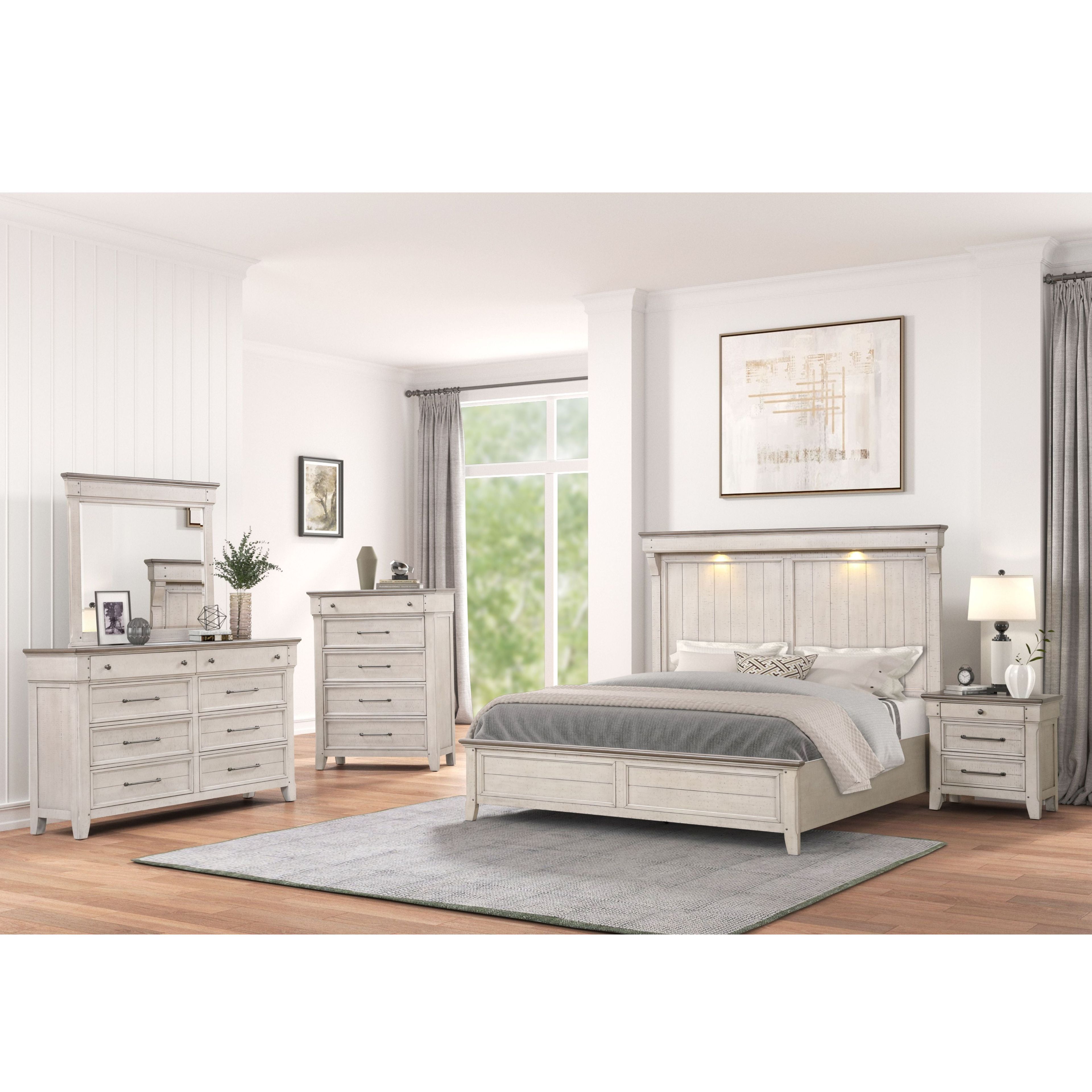 King Size Weathered Taupe Rubberwood Bedroom Set with LED Lighting