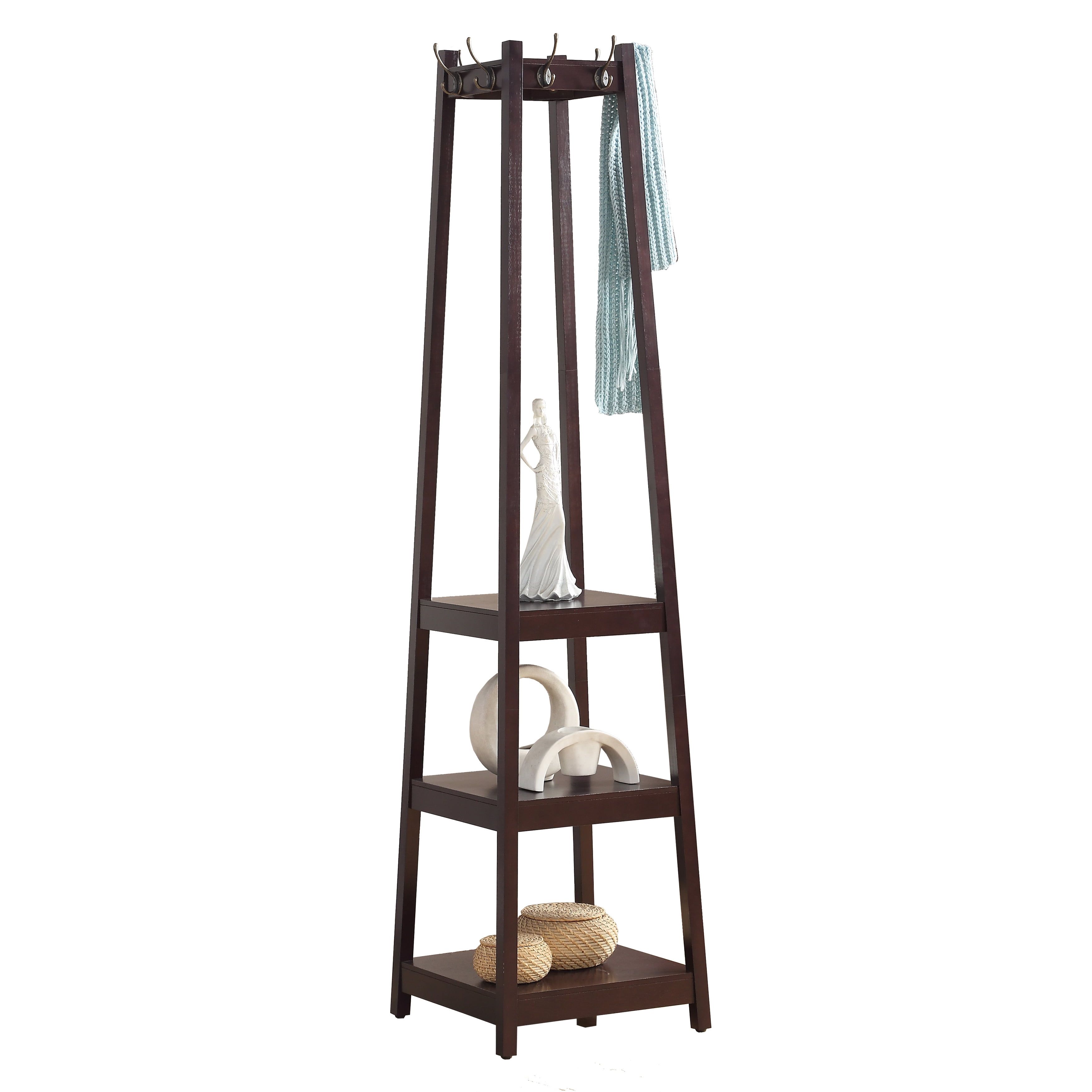 Espresso 72" Wood Coat Rack with 3-Tier Storage Shelves