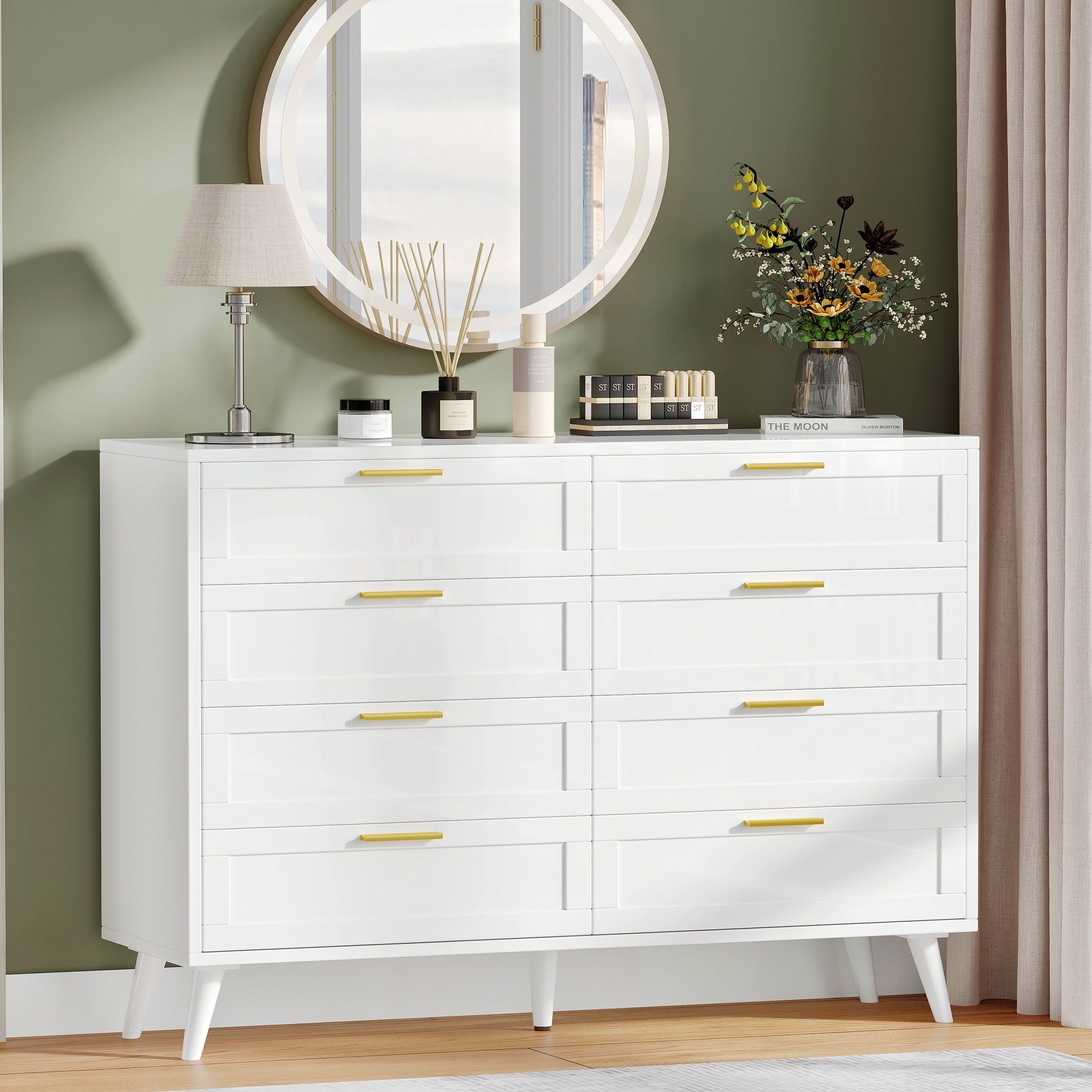 White 8-Drawer Double Dresser with Golden Handles