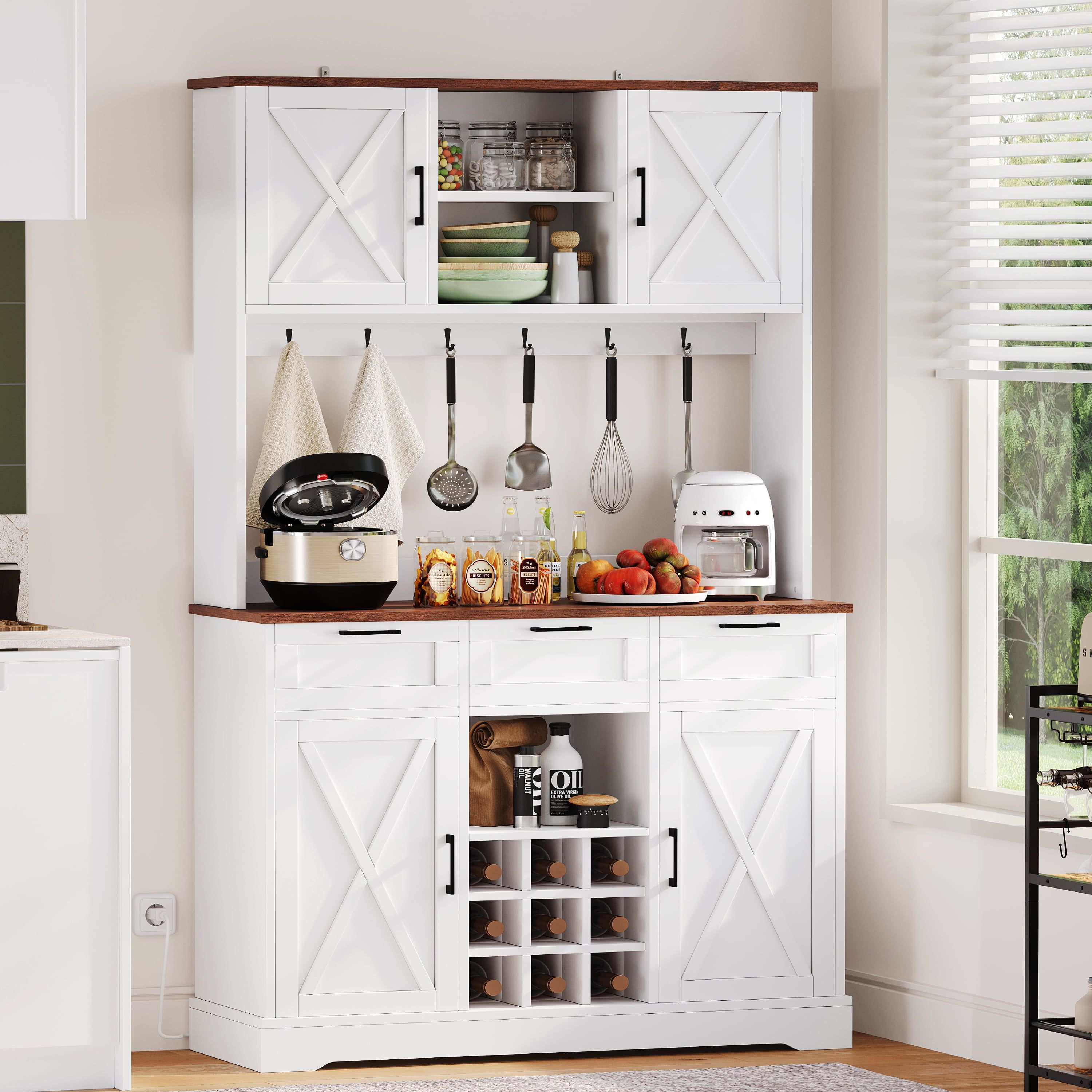 White Farmhouse Freestanding Kitchen Pantry with Barn Doors and Shelves