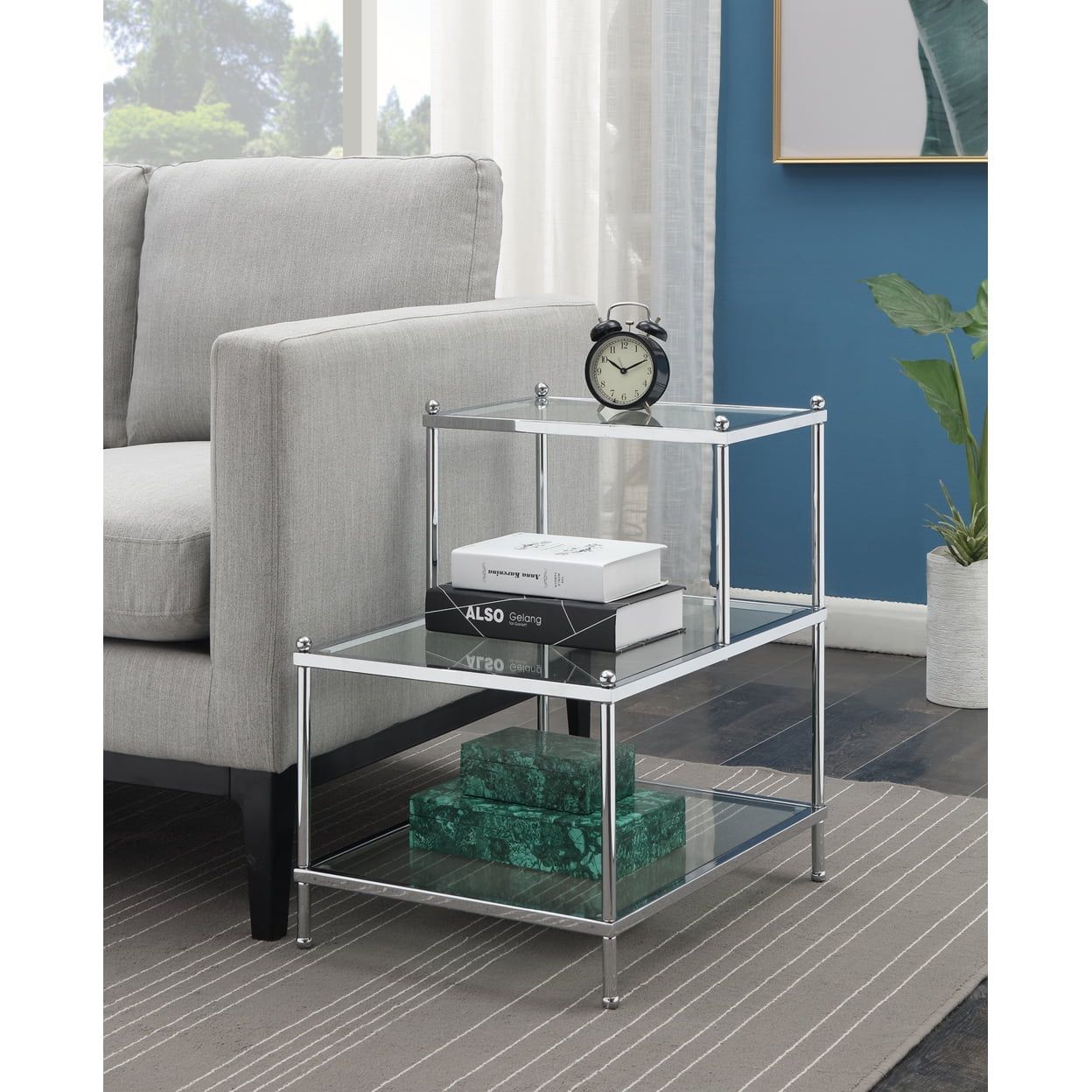 Elegant Chrome & Glass 3-Tier L-Shaped End Table