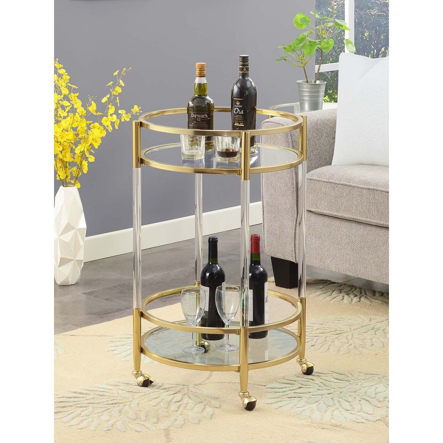 Royal Crest 23" Clear Glass and Gold Round Bar Cart with Storage