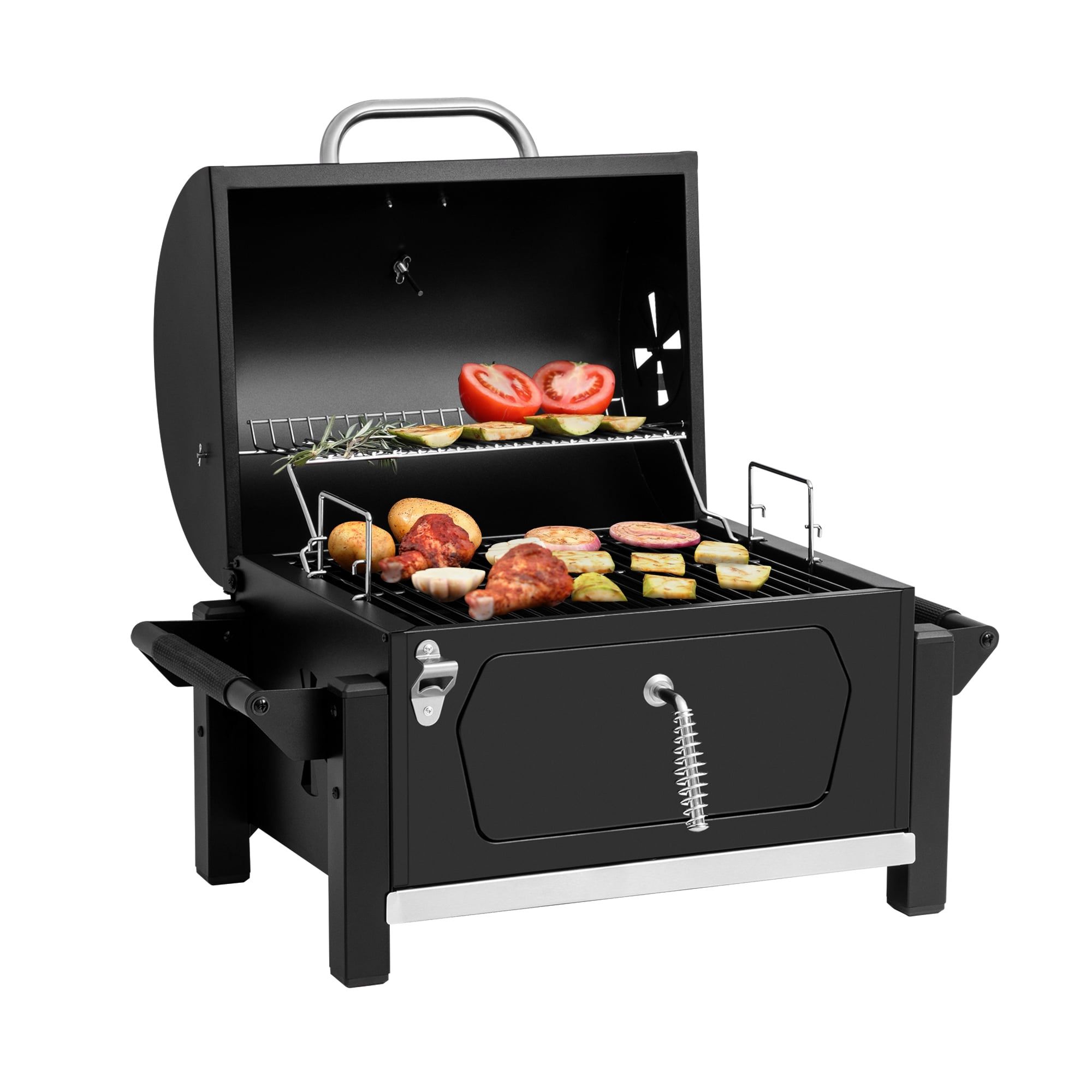 Compact Black Steel Portable Charcoal Grill with Warming Rack