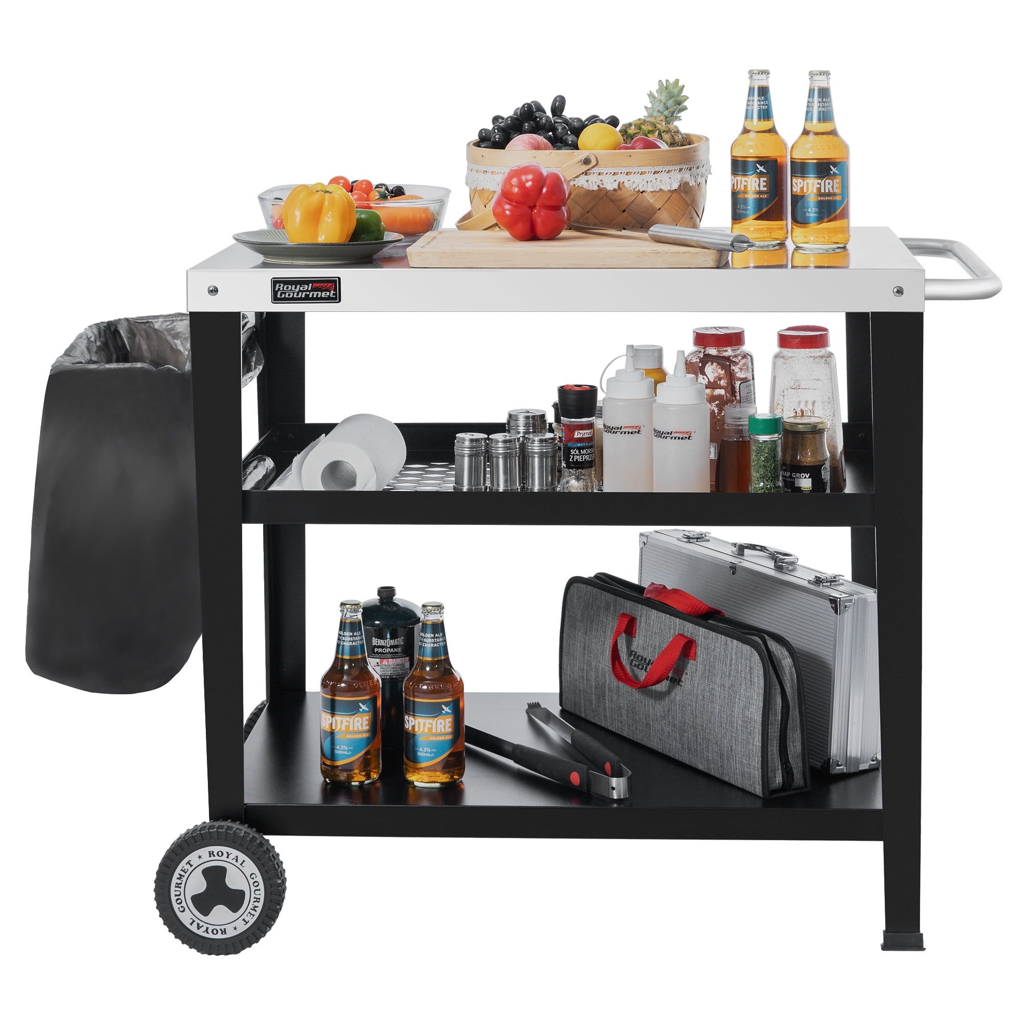 Royal Gourmet Black and Silver 3-Shelf Rolling Grill Table with Trash Holder