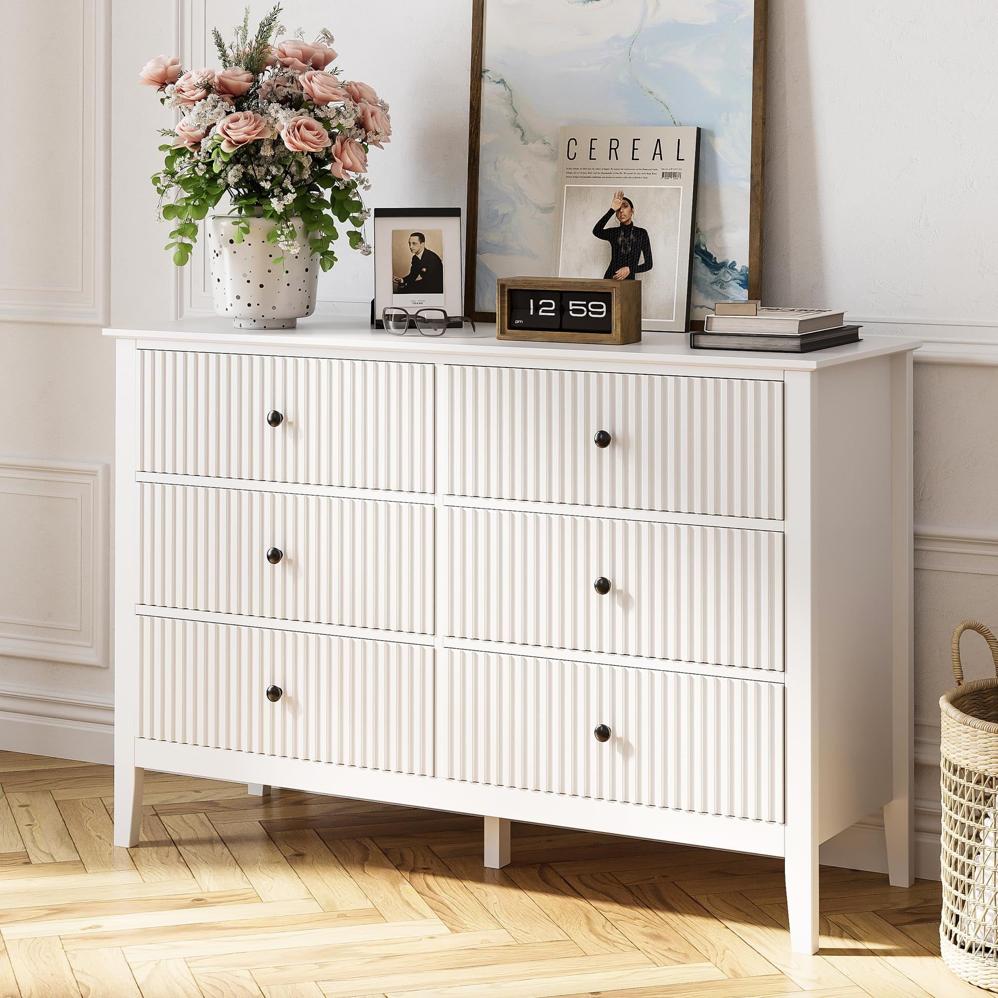 RoyalCraft White Fluted 6-Drawer Double Dresser with Ball Bearing Slides