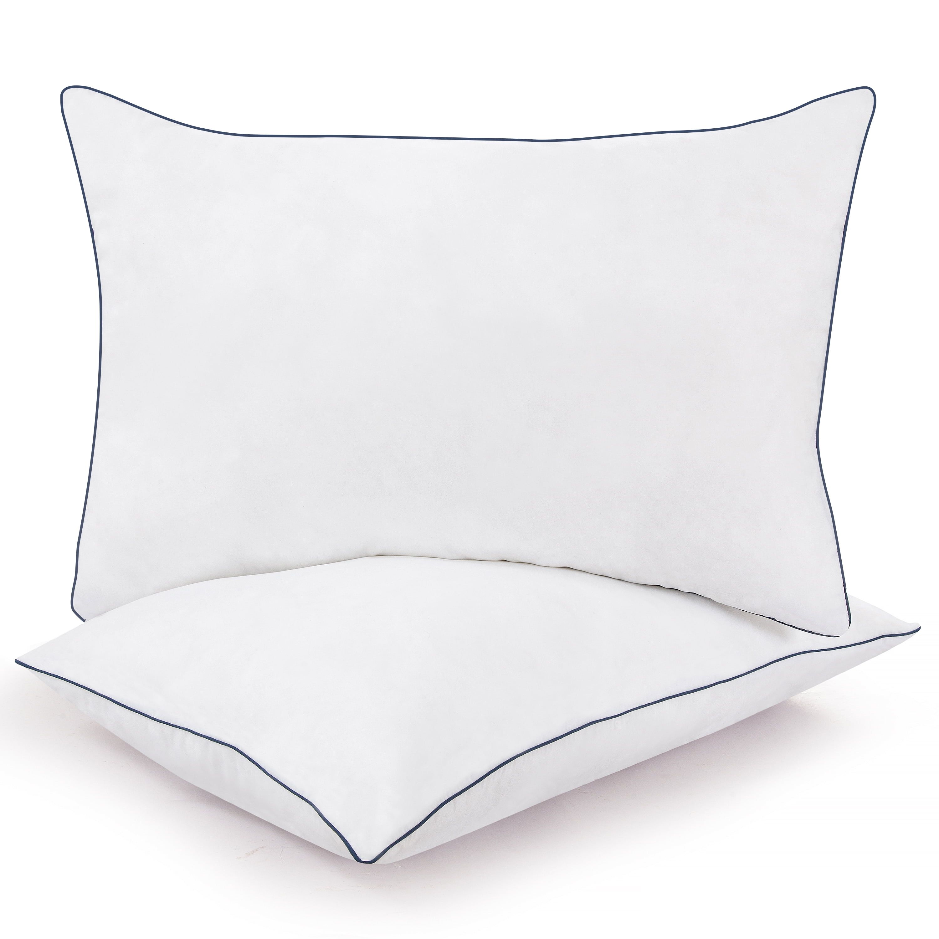 Queen Size White Polyester Bed Pillows with Navy Piping - Set of 2