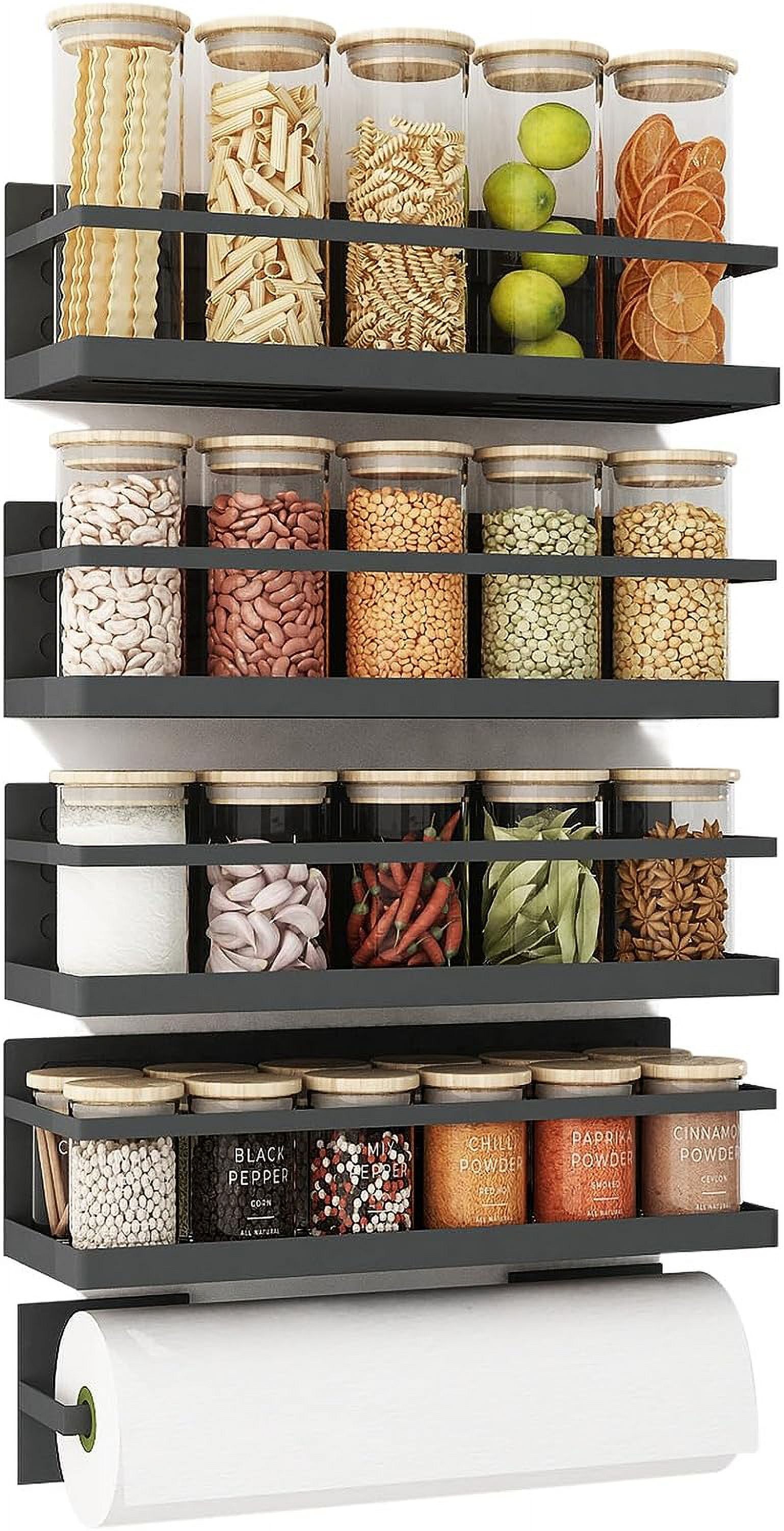 Black Magnetic Metal Kitchen Spice Rack with Paper Towel Holder