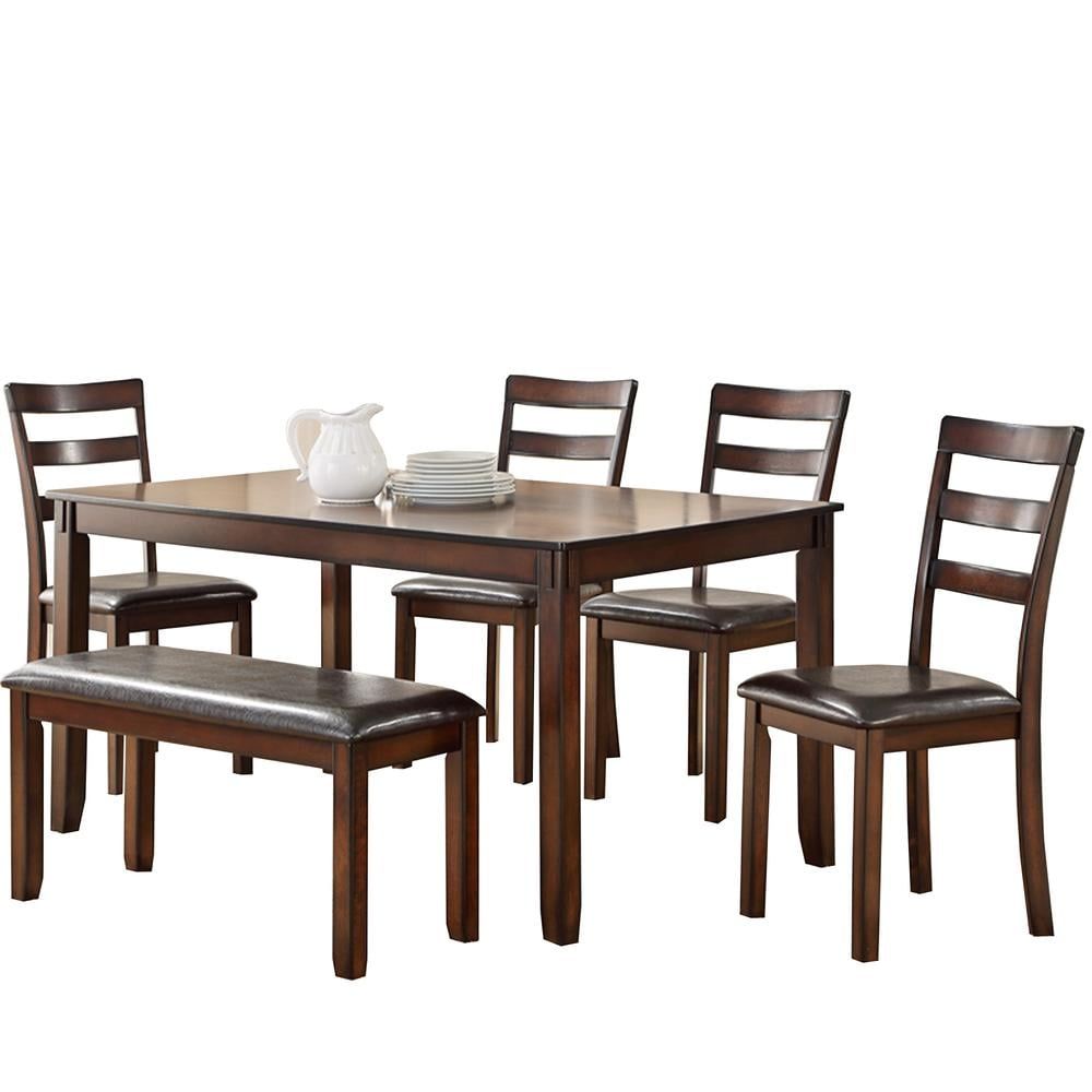 Espresso Faux Leather & Brown Rubber Wood 6-Piece Dining Set