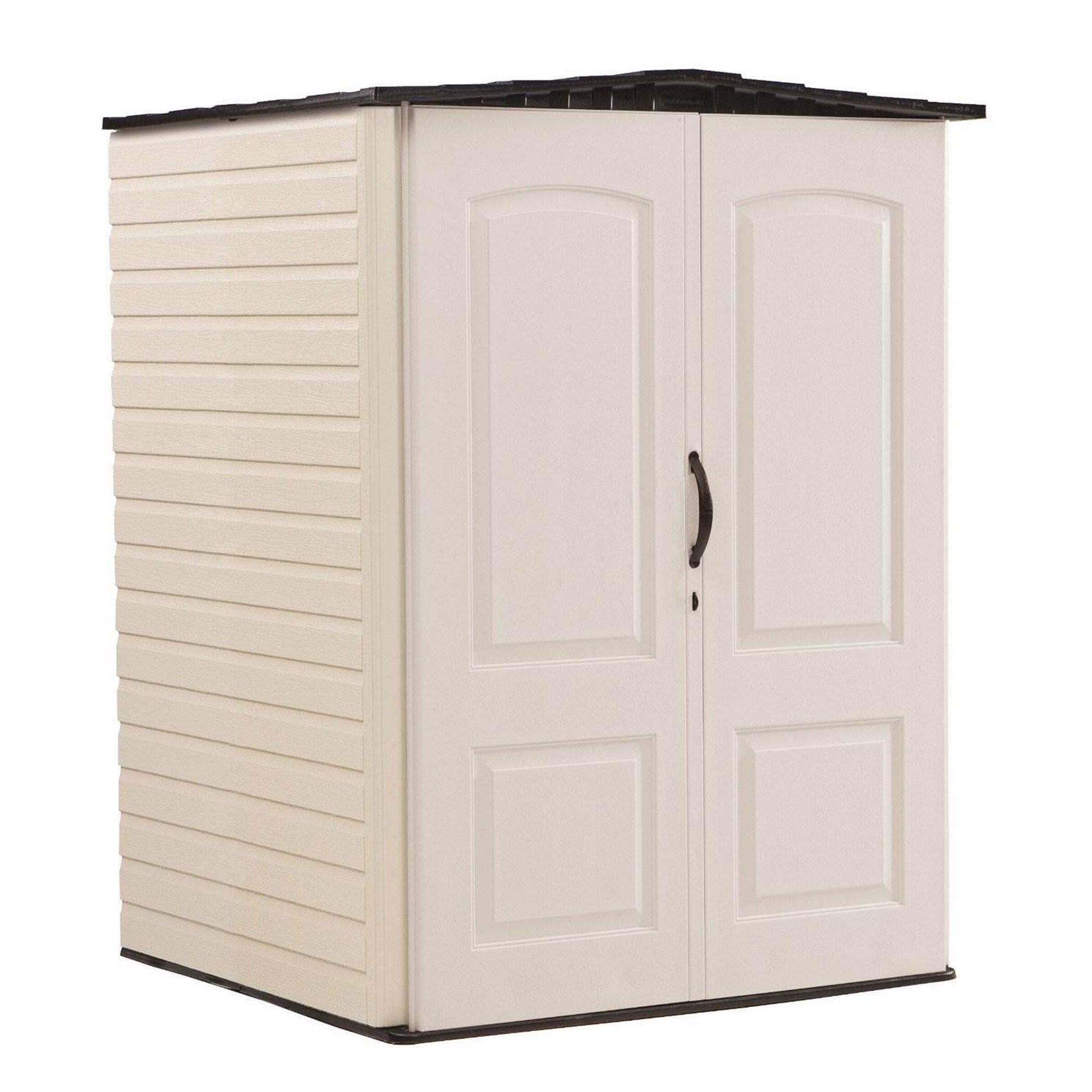 Beige Medium Vertical Resin Storage Shed with Shelving