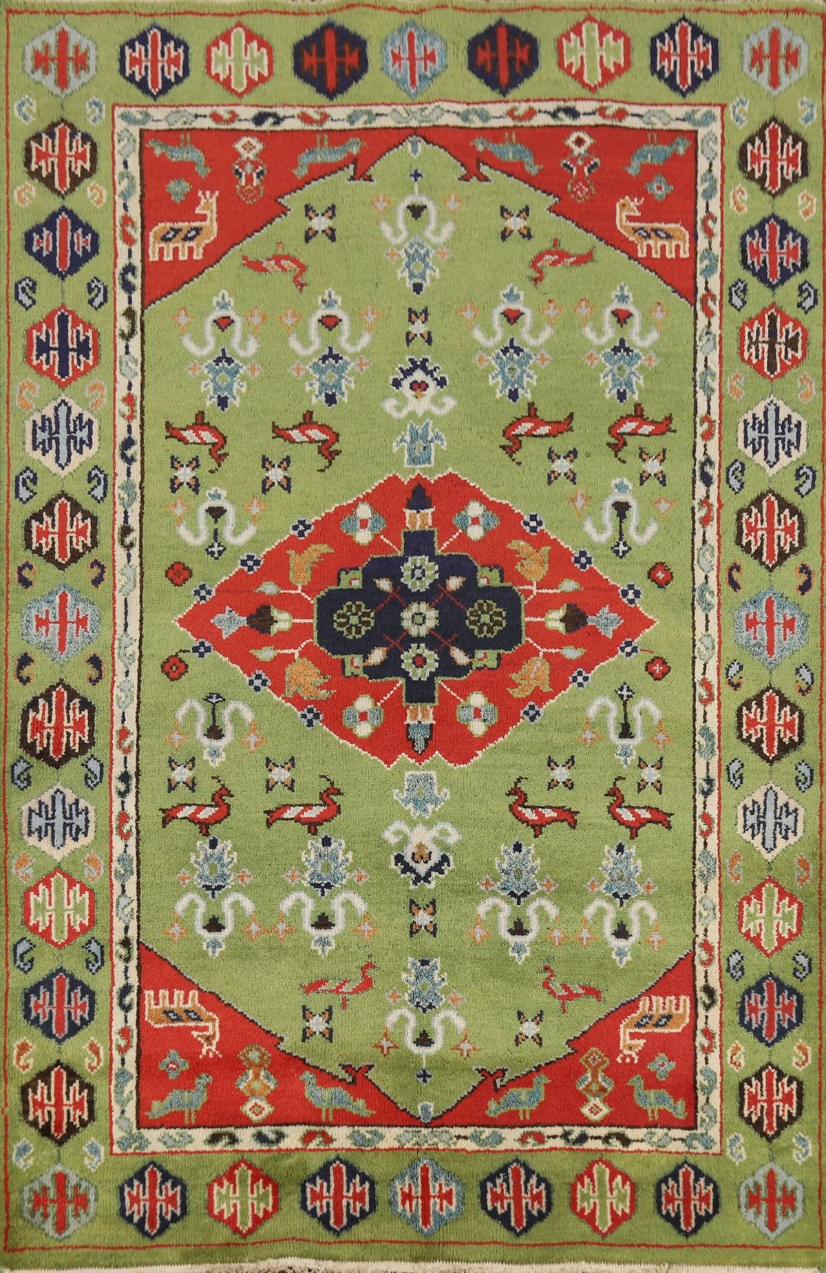 Hand-Knotted Green and Red Wool Area Rug 5' x 8'