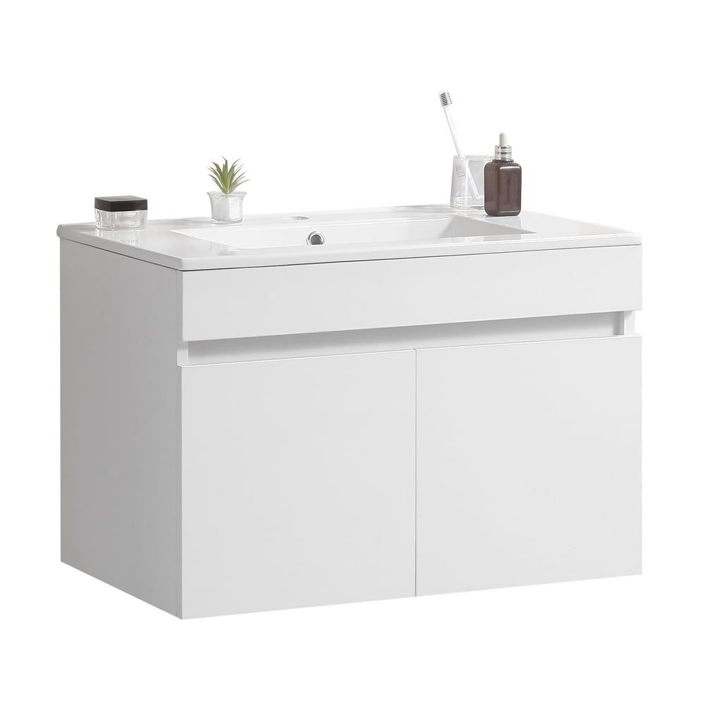 White Wall-Mounted Bathroom Vanity with Ceramic Sink and Storage