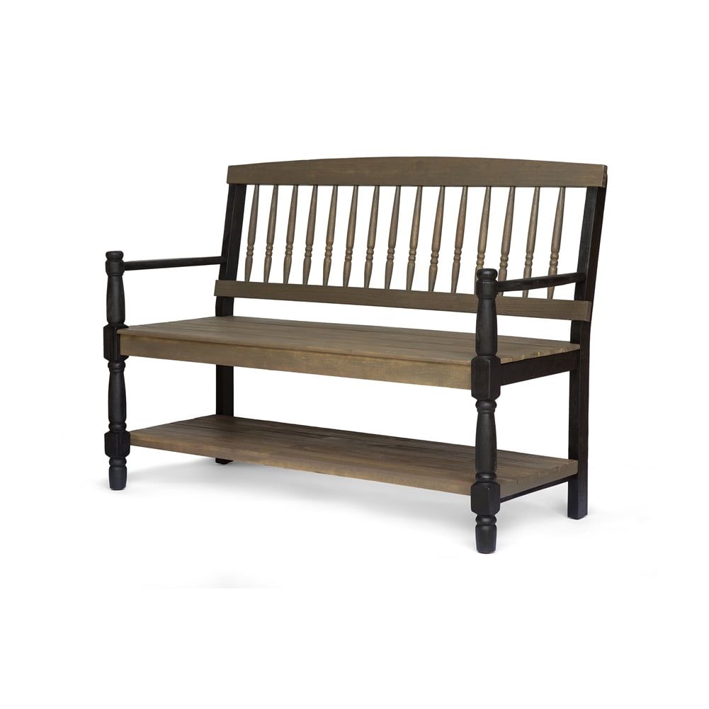 51-Inch Gray and Black Acacia Wood Outdoor Bench with Storage Shelf