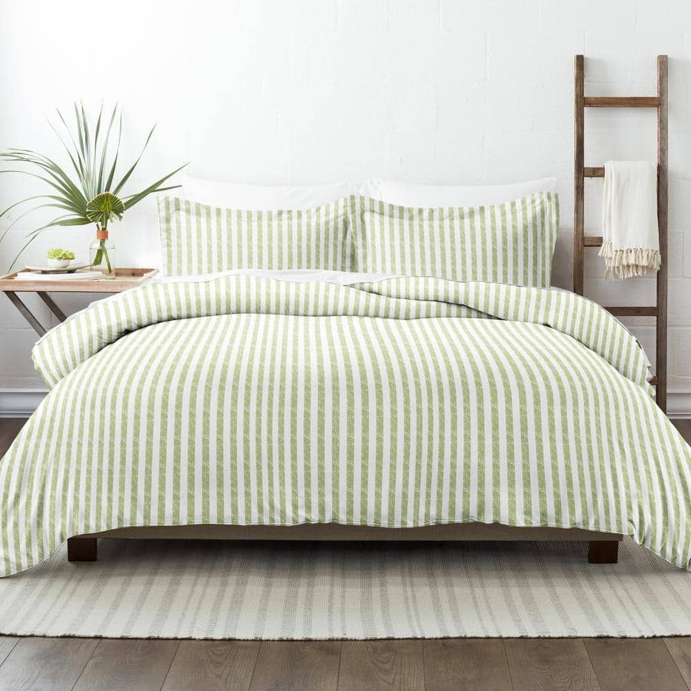 Sage Green Striped Microfiber King 3-Piece Duvet Cover Set