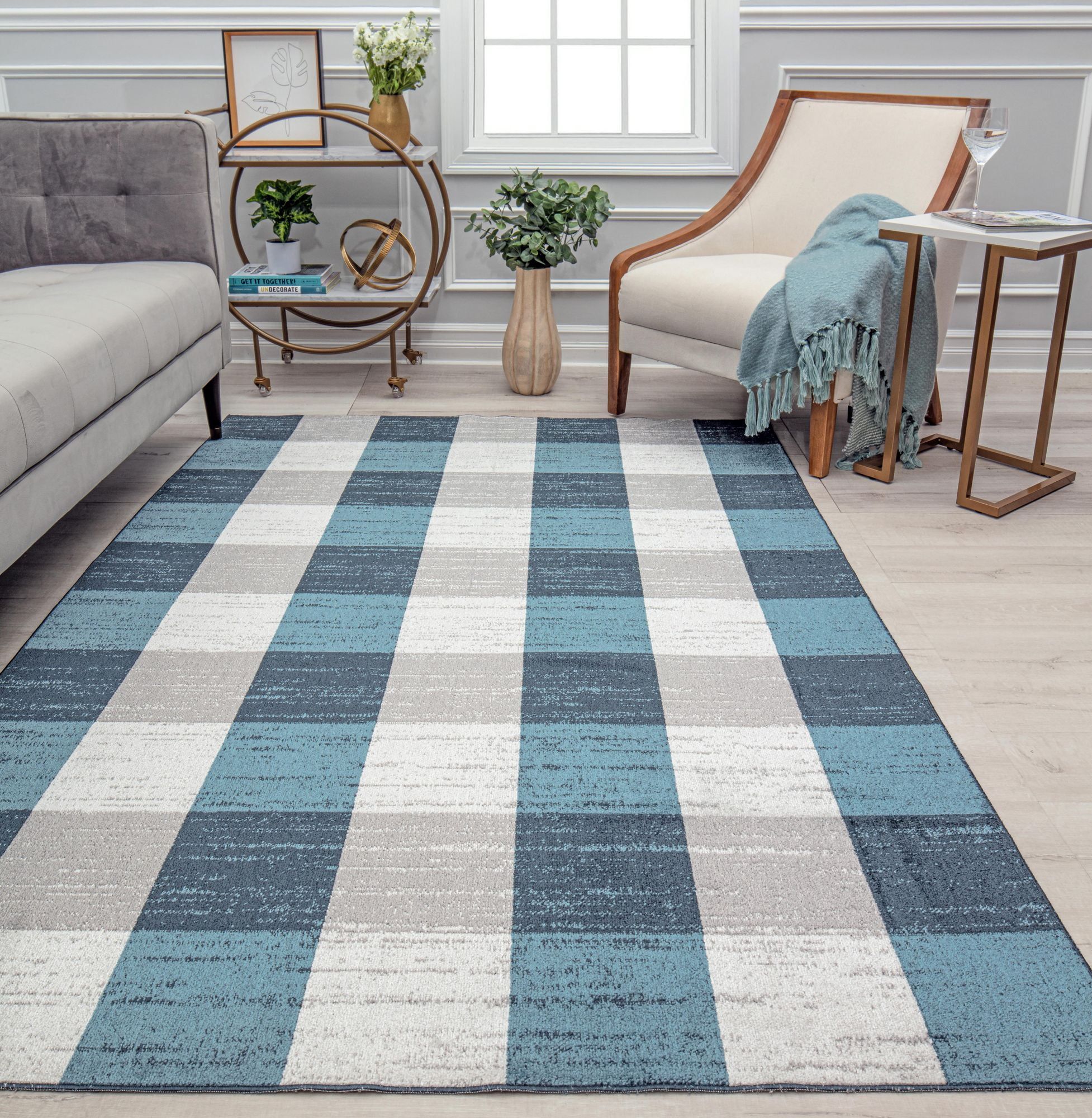 Modern Farmhouse 5' x 7' Blue Check Synthetic Area Rug