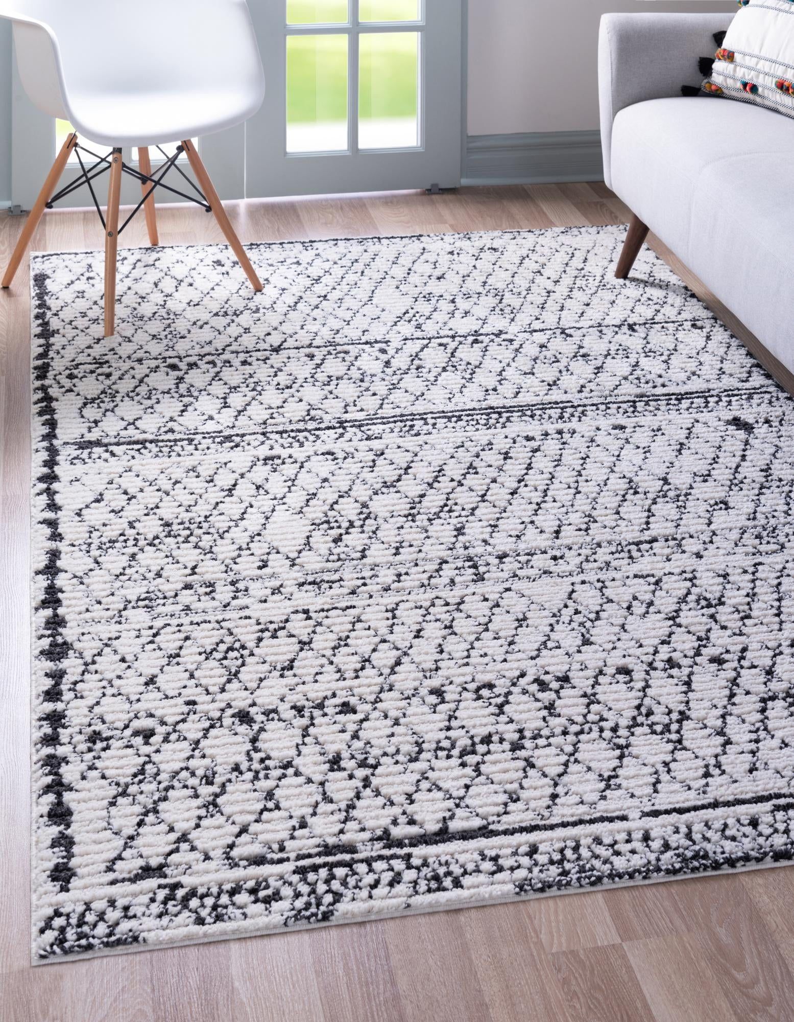 Ivory and Black Geometric High-Pile Synthetic Rug, 5' x 8'