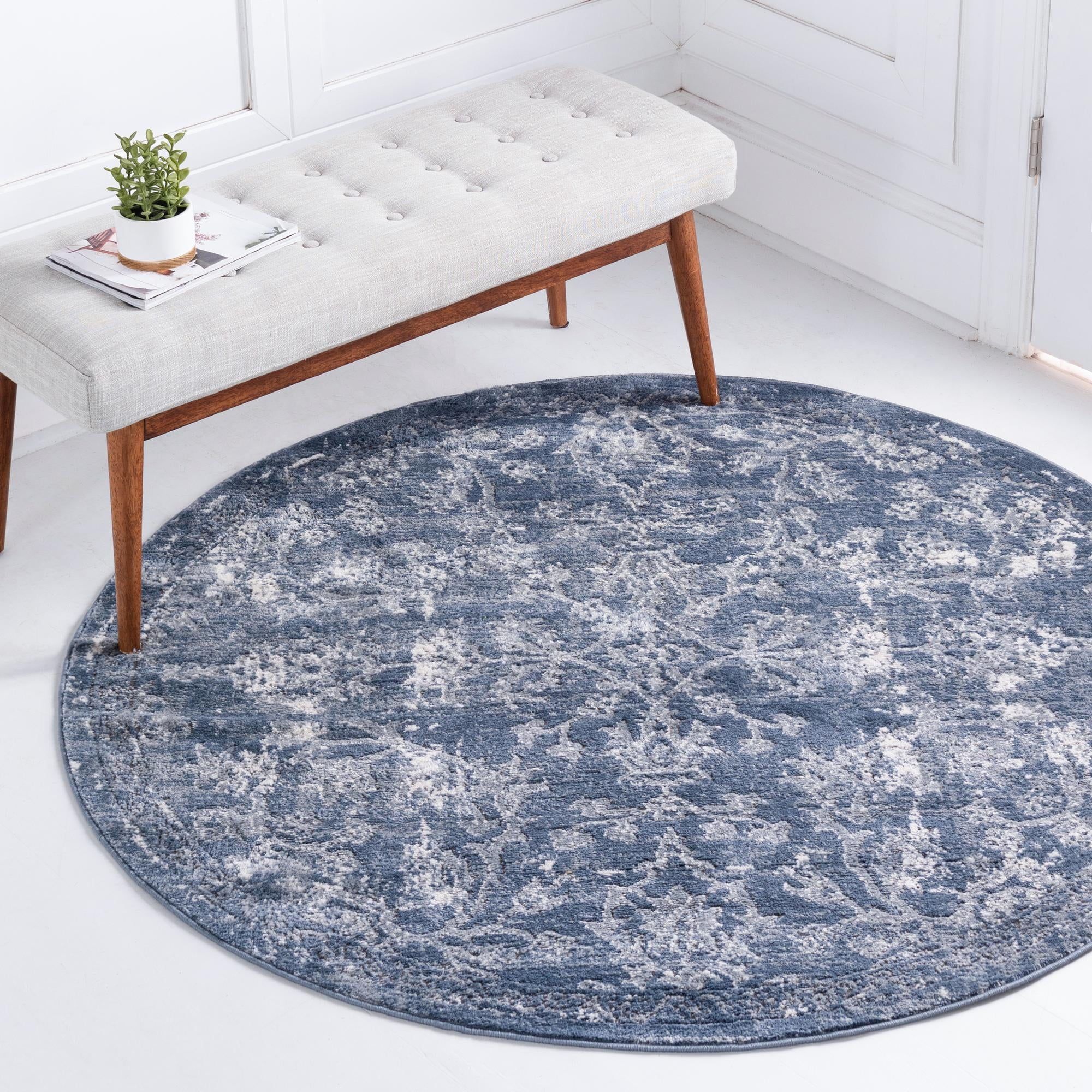 3' 3 Round Blue Geometric Low-Pile Rug