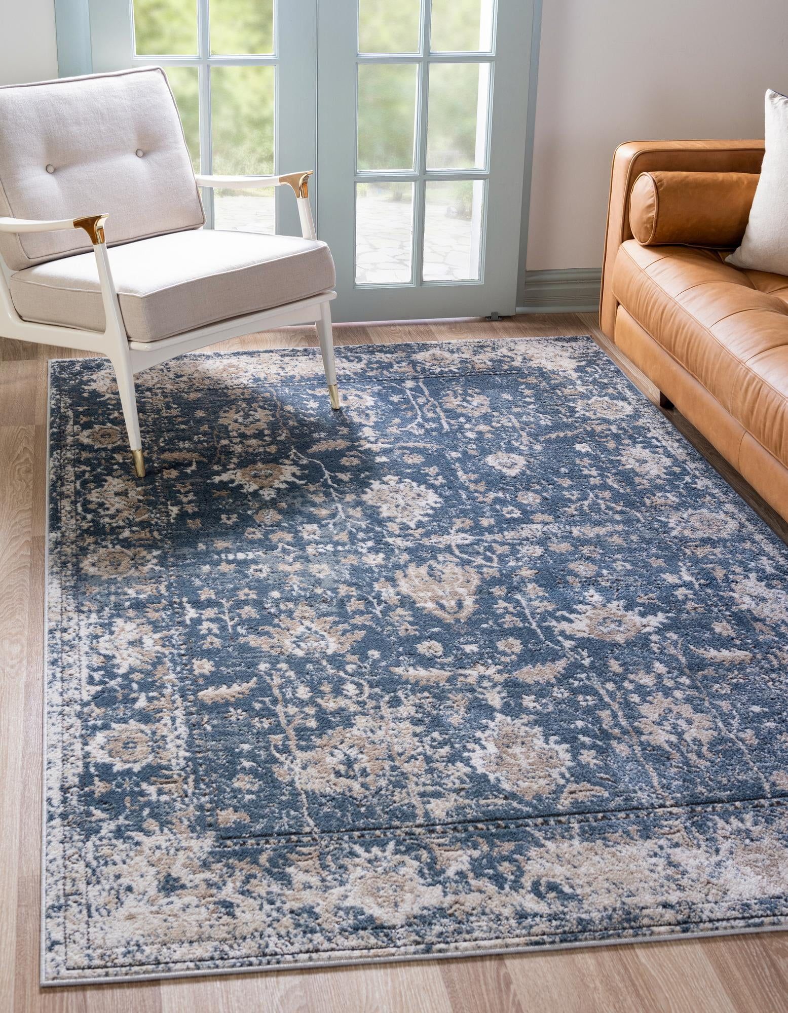 Navy Blue and Beige 6' x 9' Synthetic Stain-Resistant Area Rug