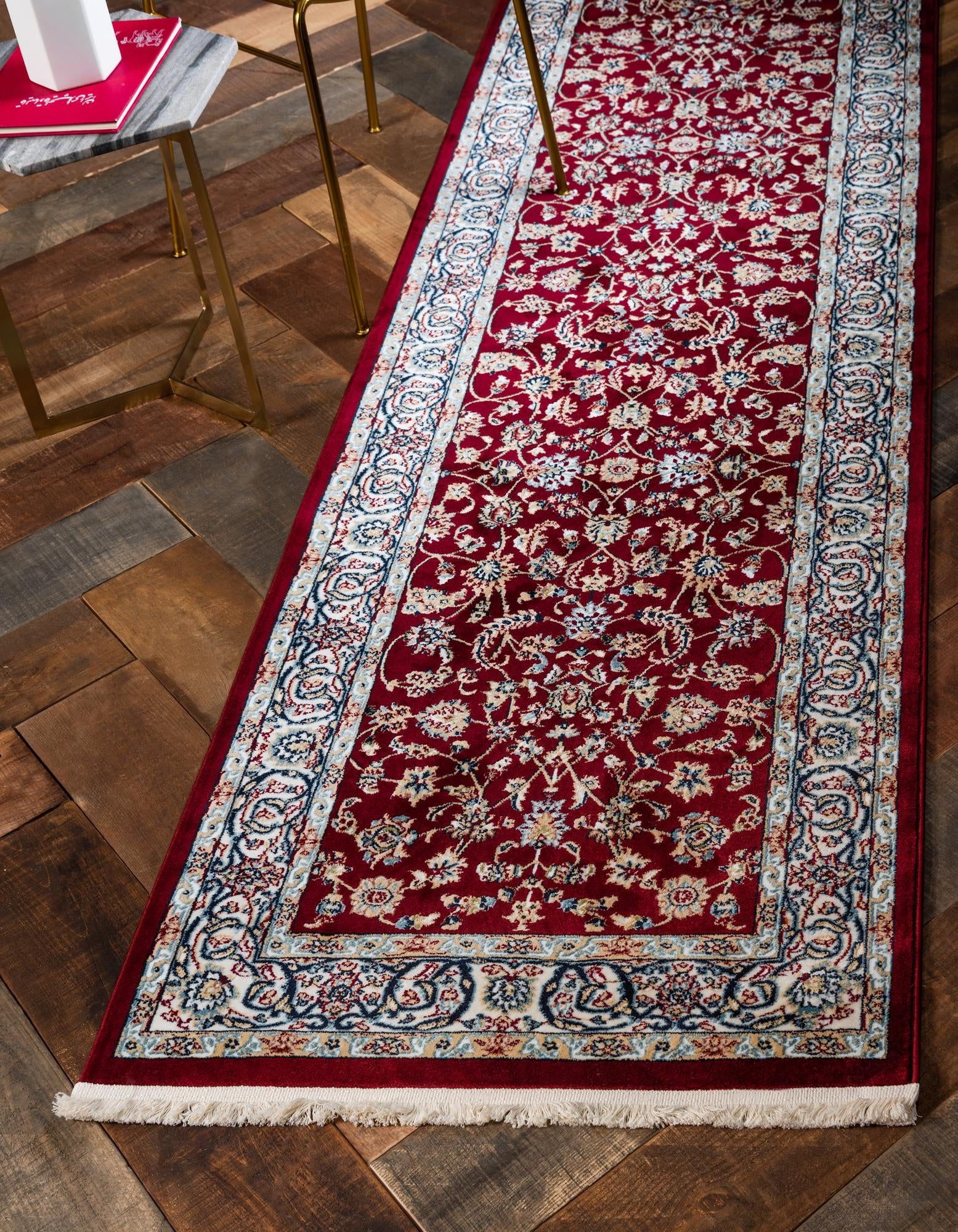 Burgundy and Beige Synthetic Traditional Runner Rug