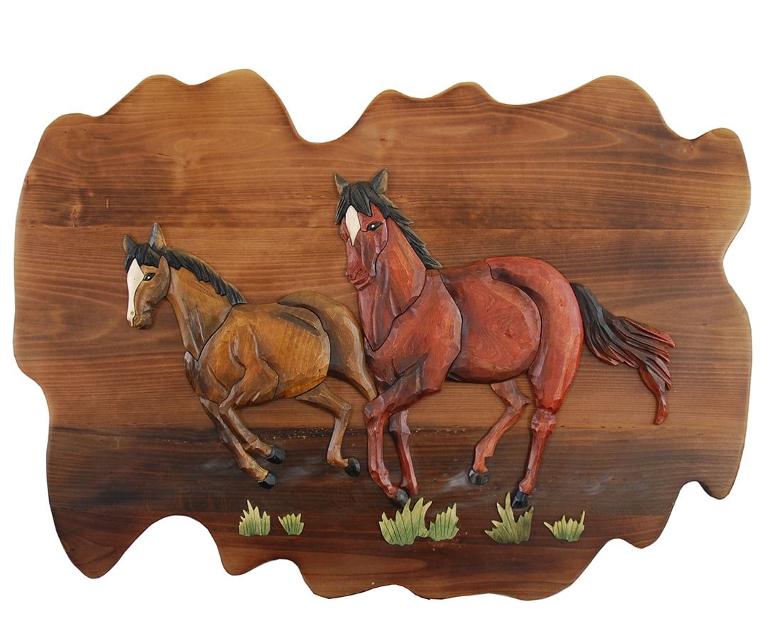 Handcrafted Running Horses Intarsia Wood Wall Art 24" x 16"