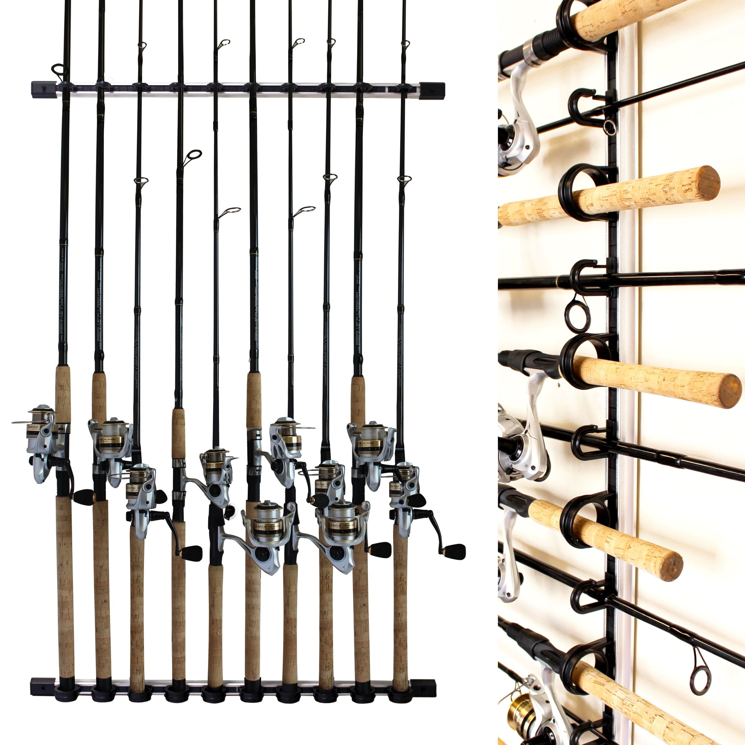 Aluminum Wall-Mounted Fishing Rod Storage Rack with Adjustable Hooks