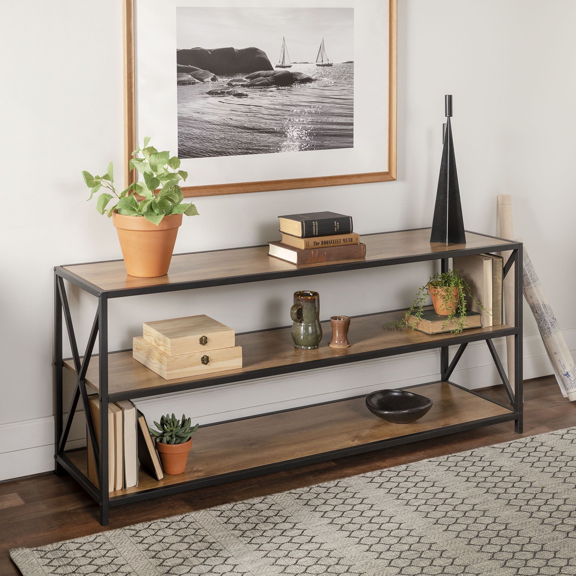 Rustic Barnwood X-Frame Metal 3-Shelf Wide Bookshelf