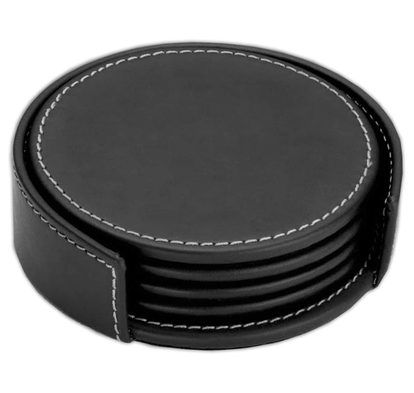 Black Leather Coaster Set with White Stitching and Holder