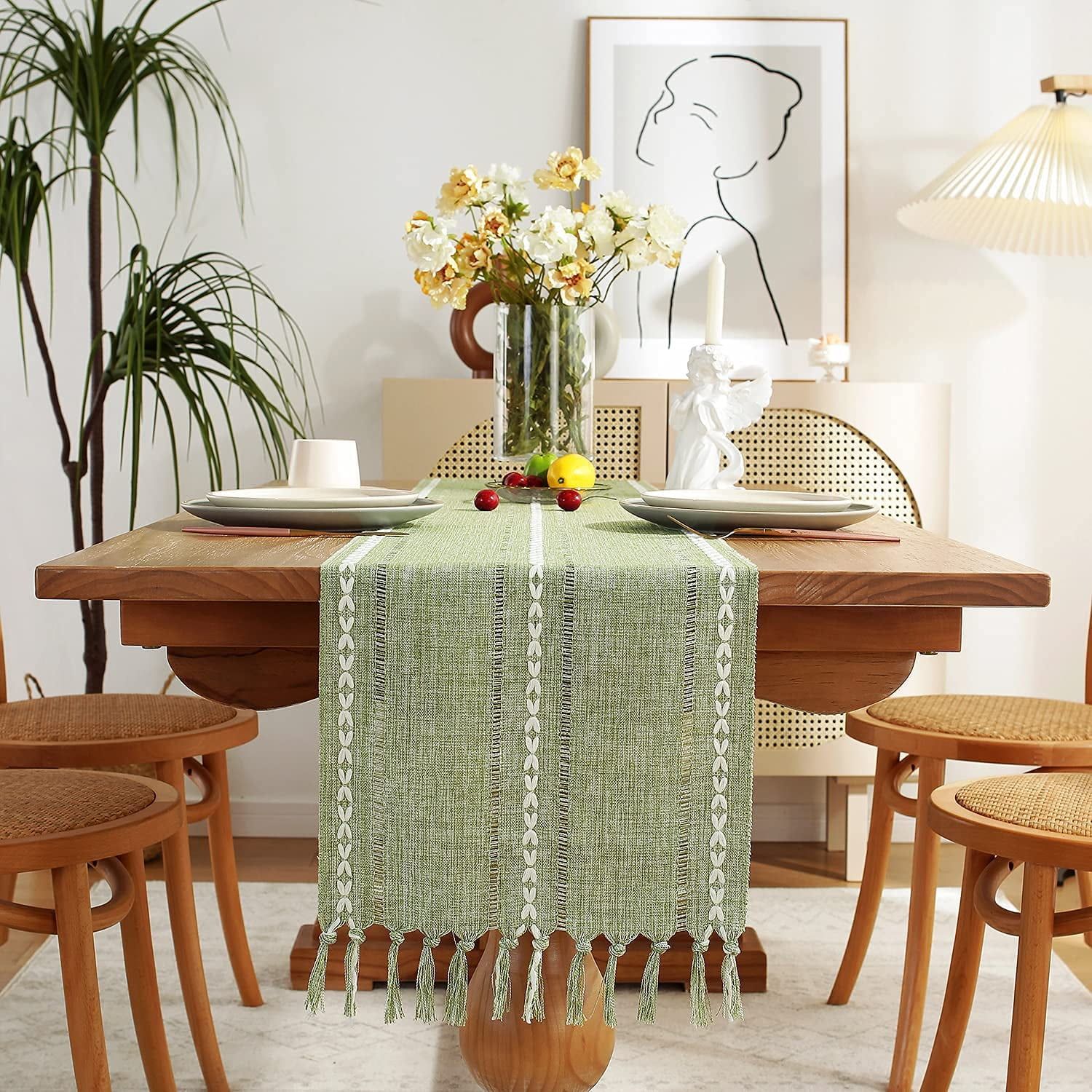 Rustic Sage Green Polyester Table Runner with Tassels, 13 x 90 inch