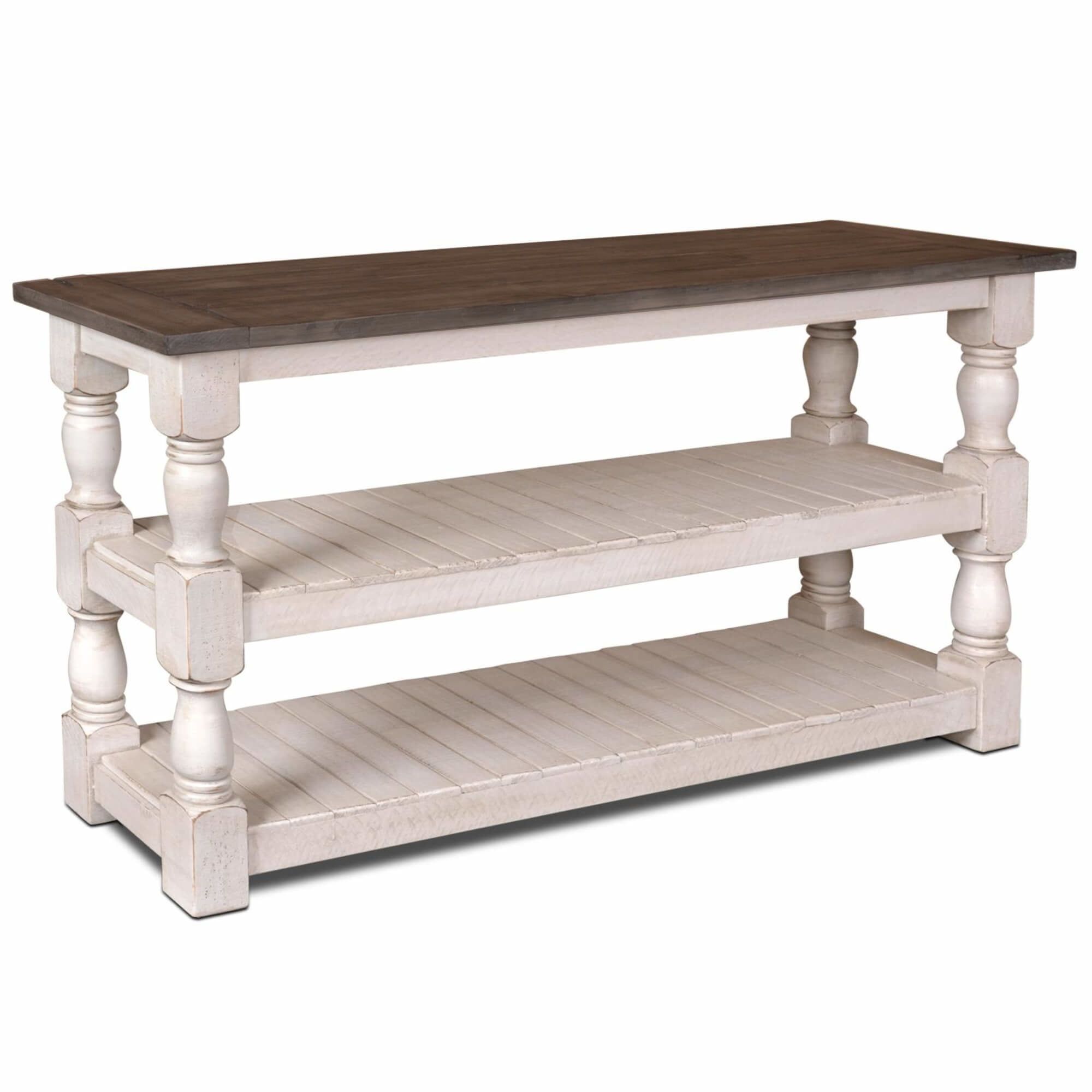 Distressed White & Brown Wood Coastal Farmhouse Console with Storage