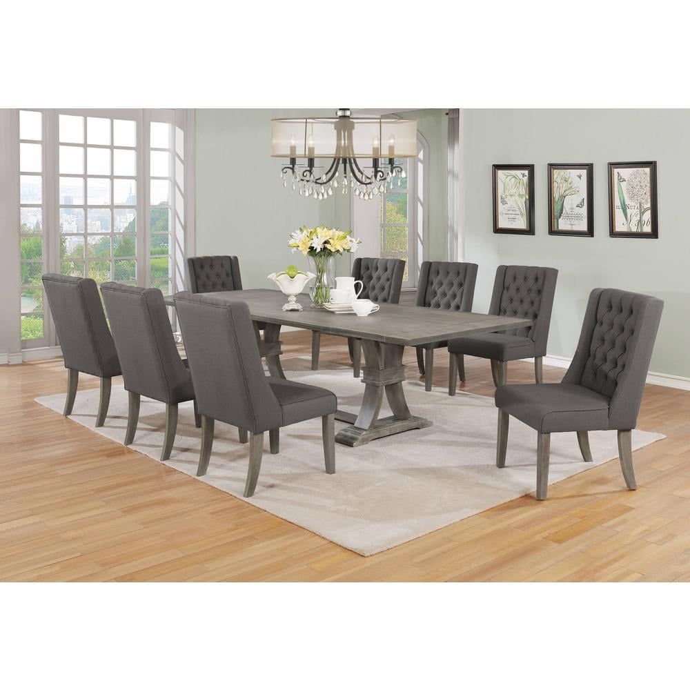 Rustic Gray Wood 9-Piece Extendable Dining Set with Gray Linen Chairs