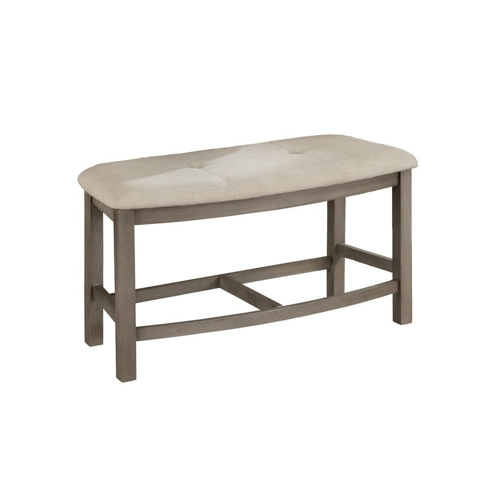 Beige Linen Upholstered Counter Height Bench with Rustic Gray Wood Frame