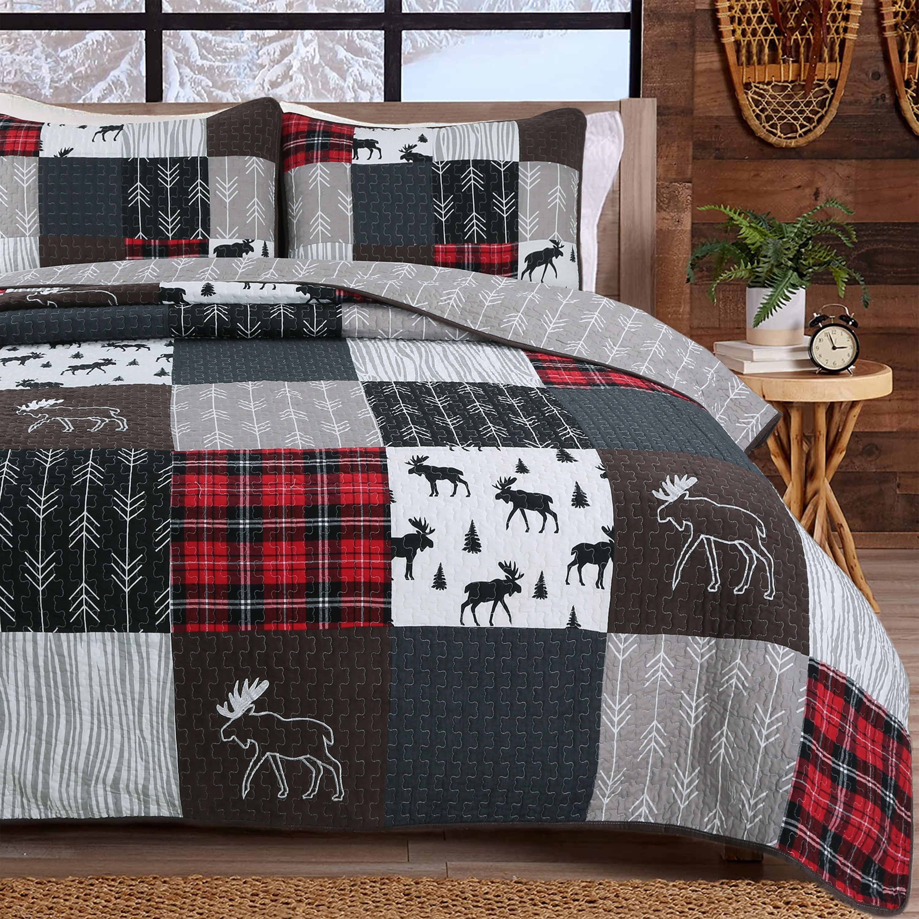 Rustic Red and Gray Moose Patchwork Reversible Queen Quilt Set