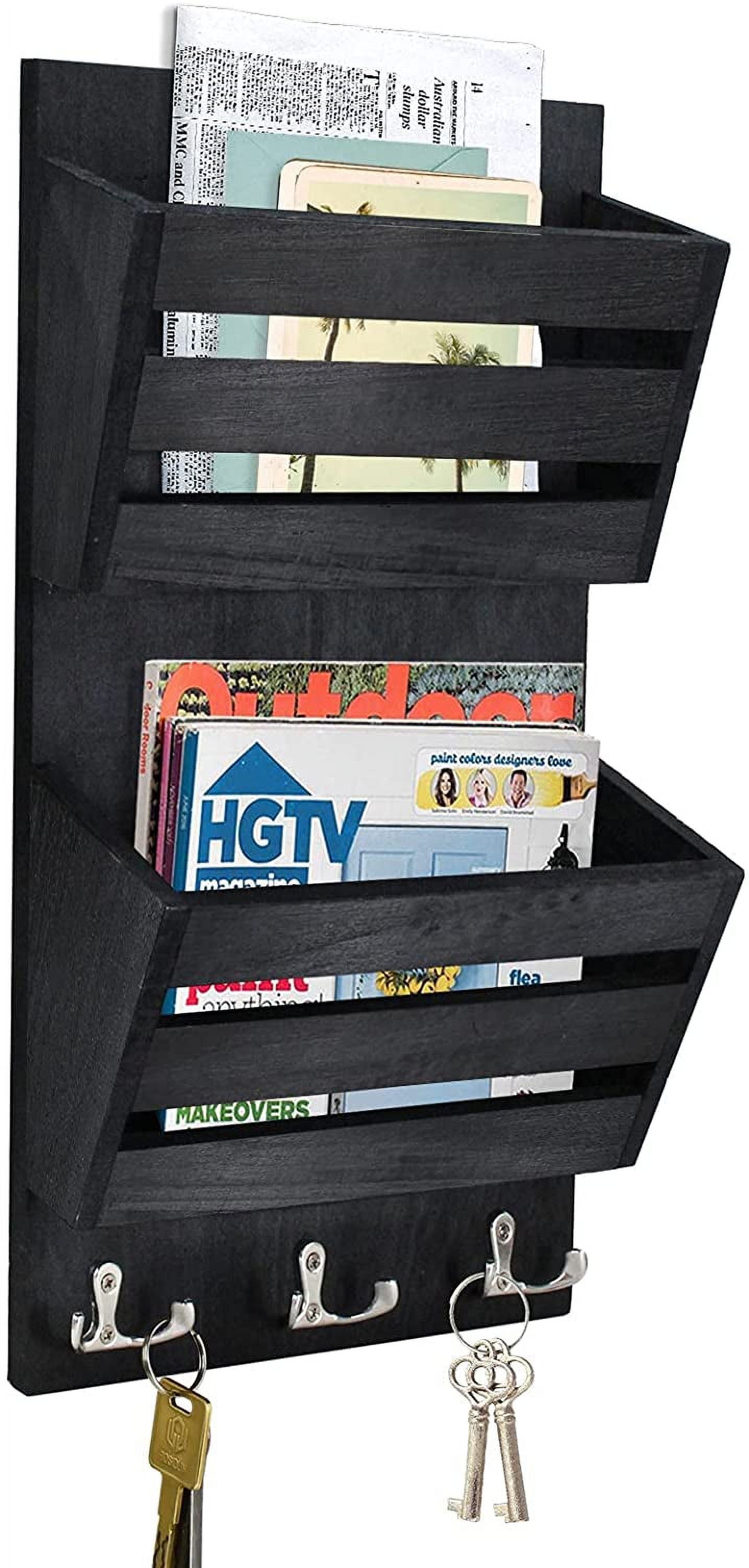 Black Rustic Wood Wall Mail Organizer with Key Hooks